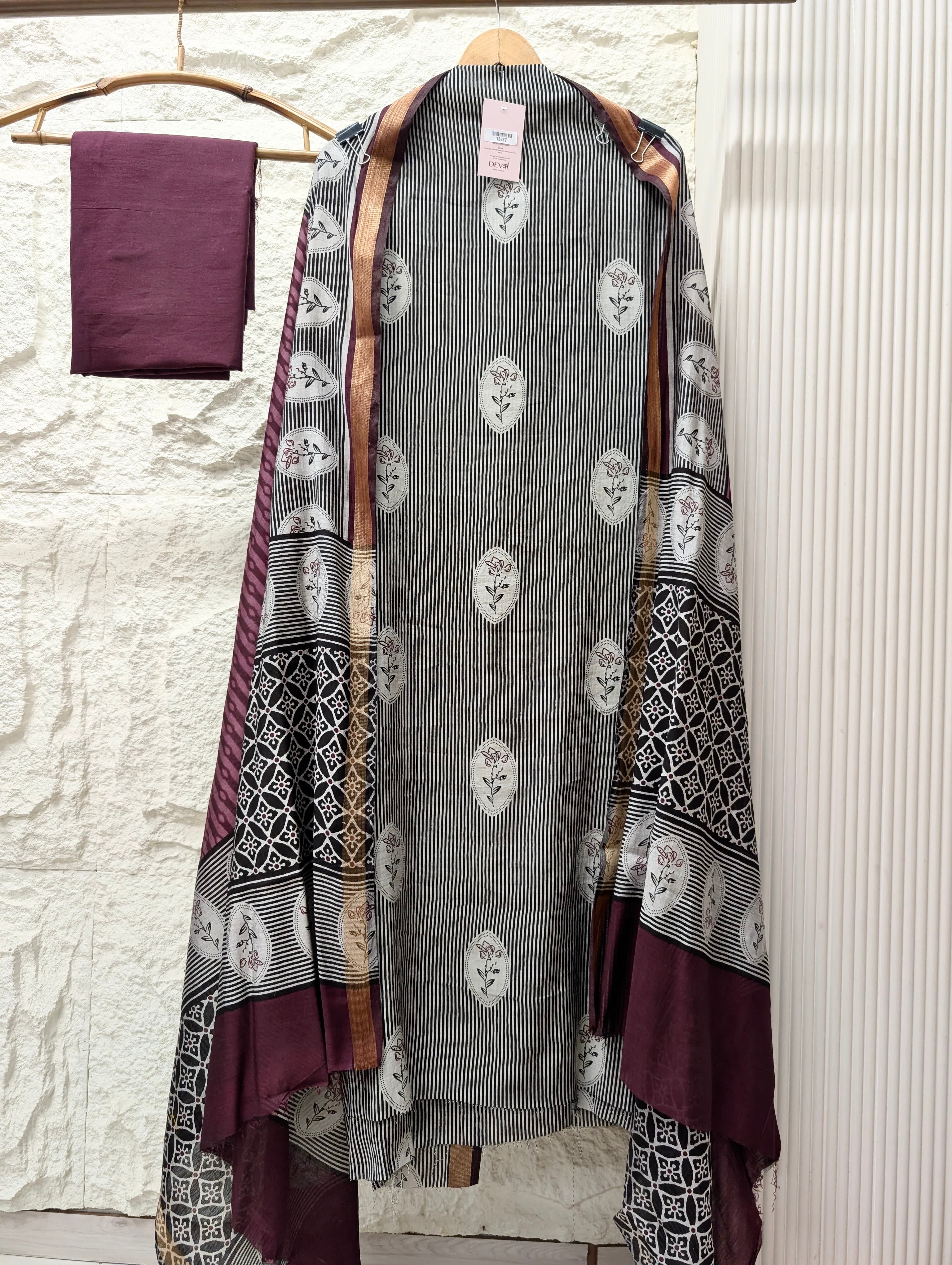 Black Maheshwari Silk Printed Unstitched 3-Piece Suit (Devri – D.No 13627)