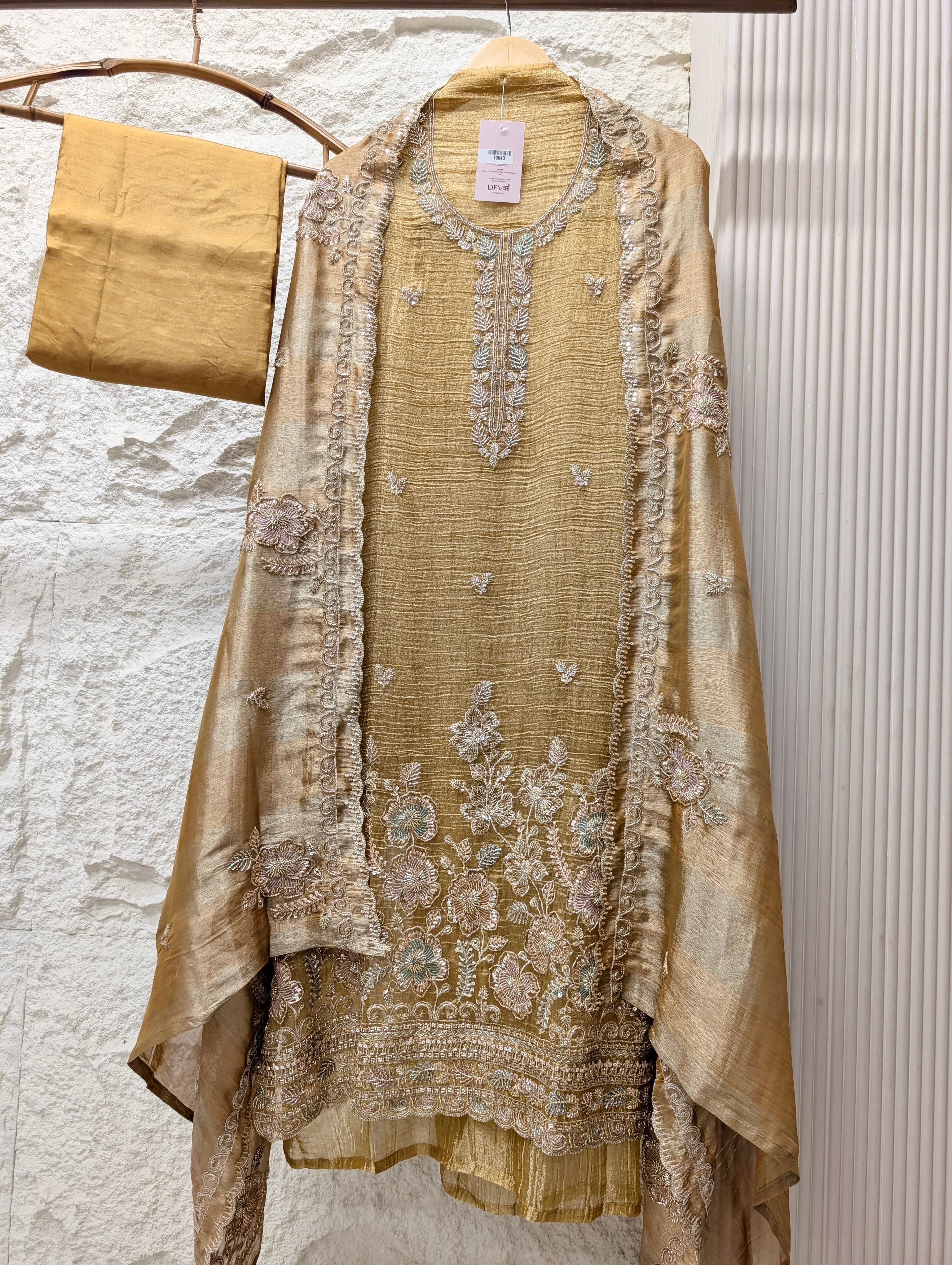 Mustard Tissue Crush Silk Embroidered Unstitched 3-Piece Suit (Devri – D.No 13643)