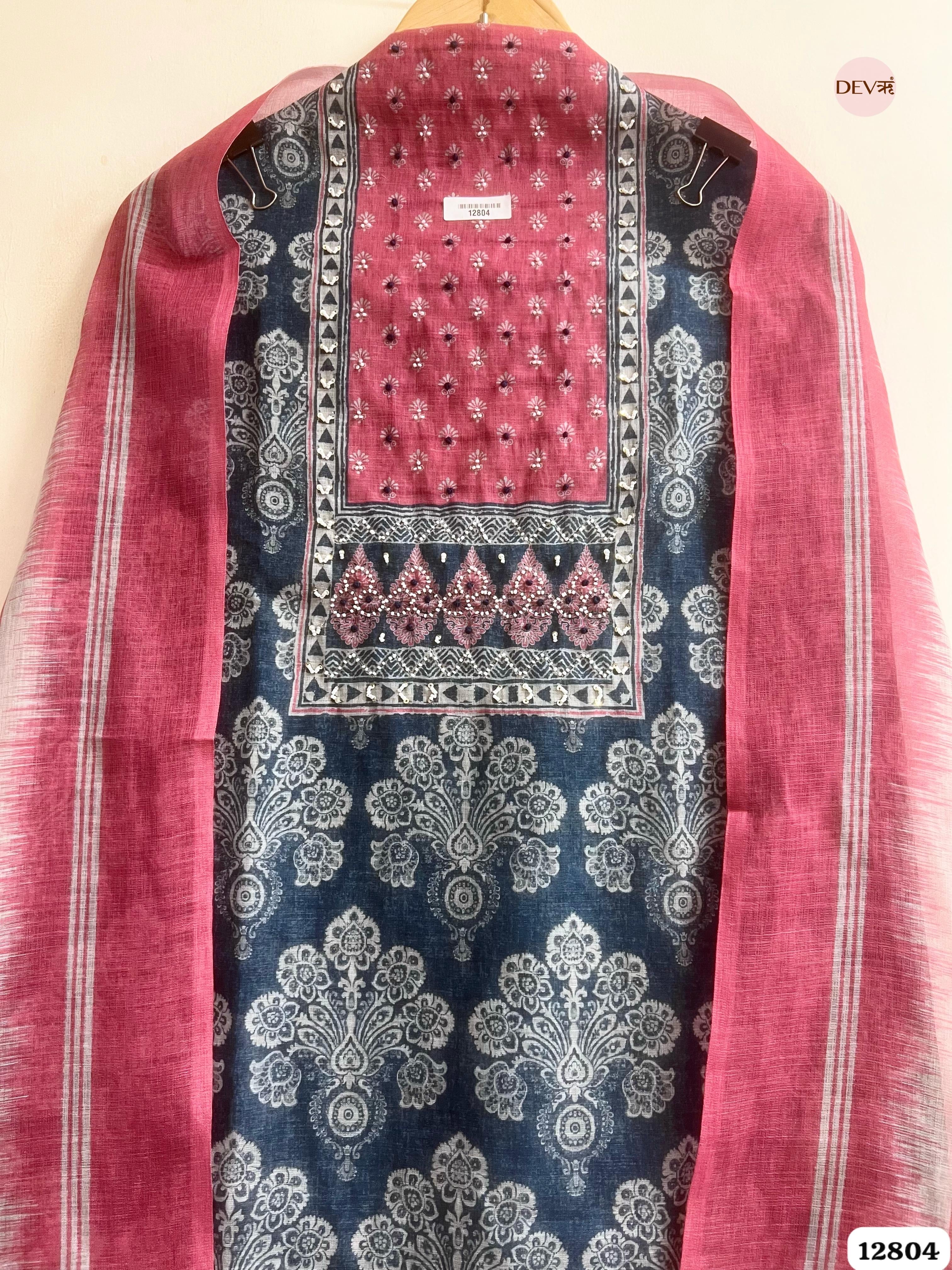 Navy Linen Cotton Printed Unstitched 3-Piece Suit (Devri – D.No 12804)