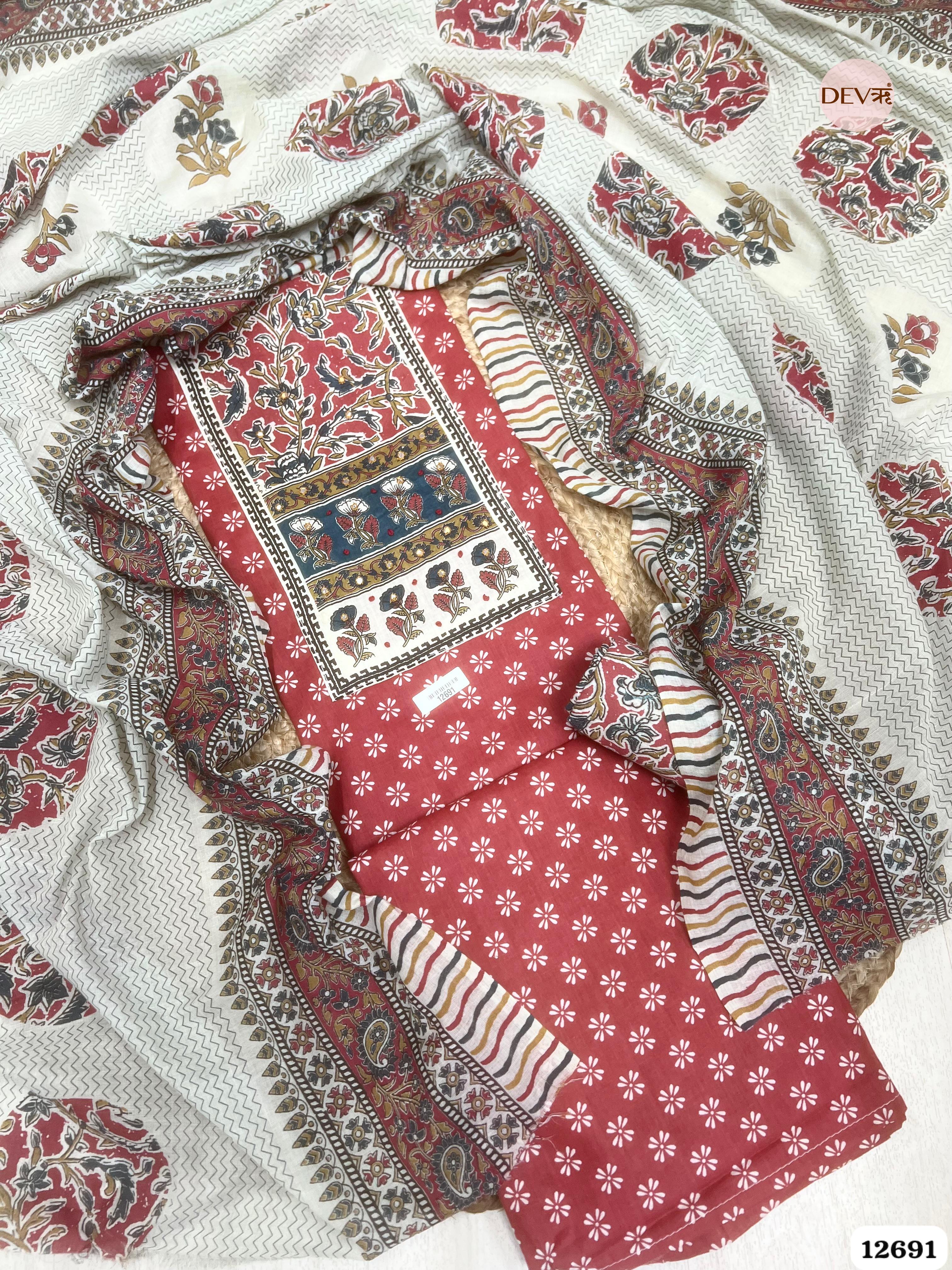 Red Cotton Printed Unstitched 3-Piece Suit (Devri – D.No 12691)
