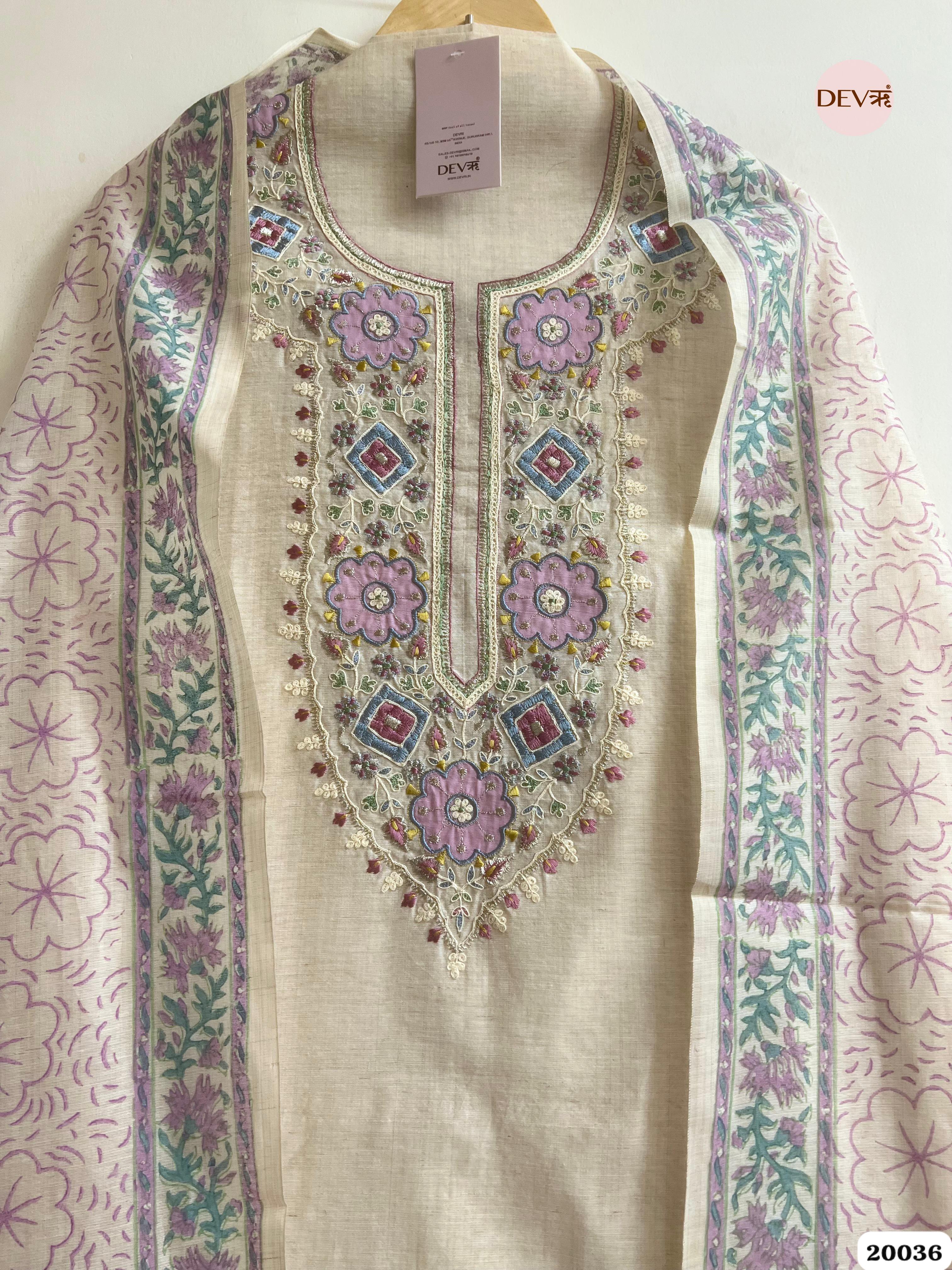 Ivory Pure Linen Embroidered Unstitched 3-Piece Suit (Devri – D.No. 20036)