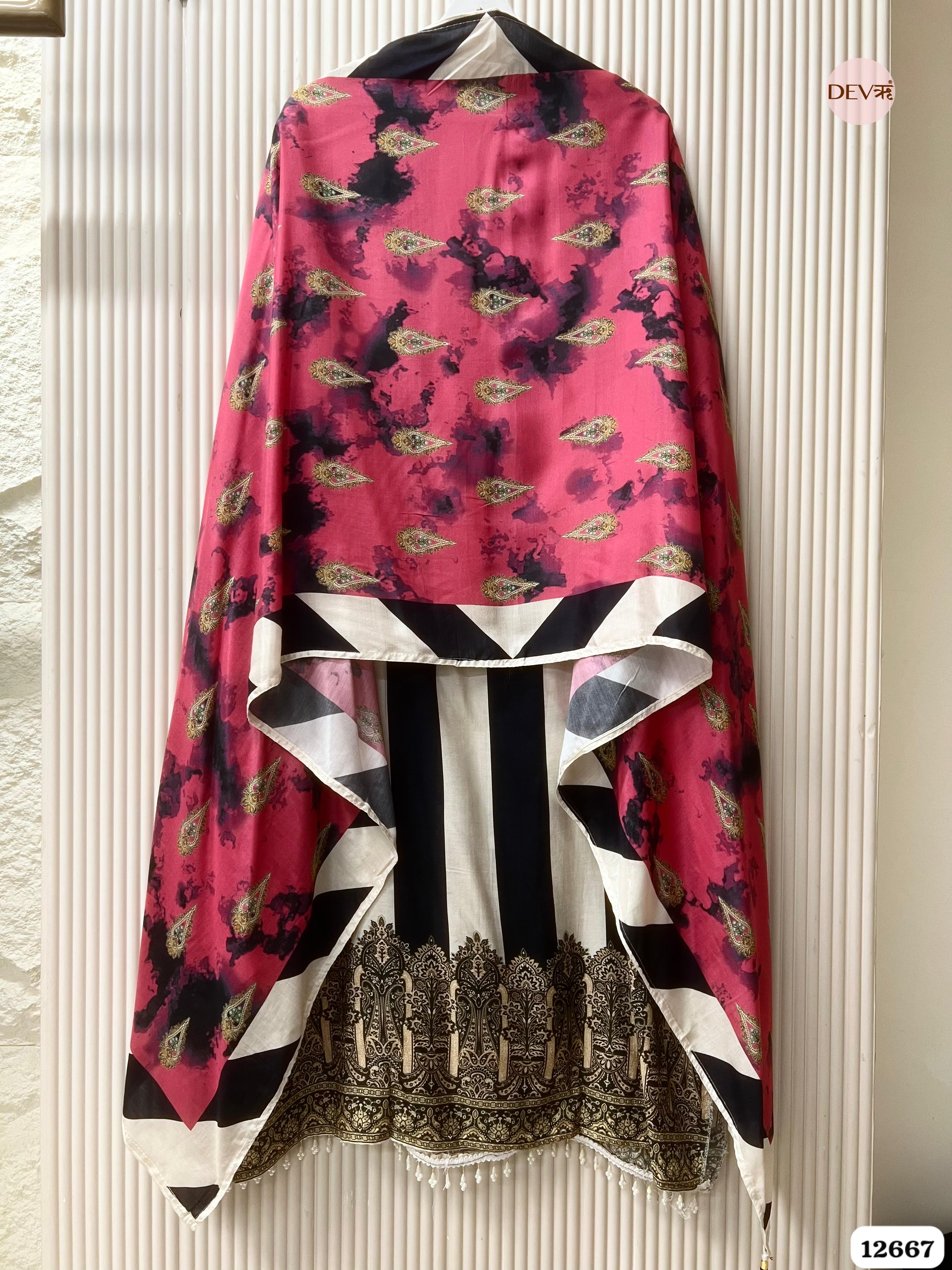 Ivory & Magenta Muslin Printed Unstitched 3-Piece Suit (Devri – D.No 12667)