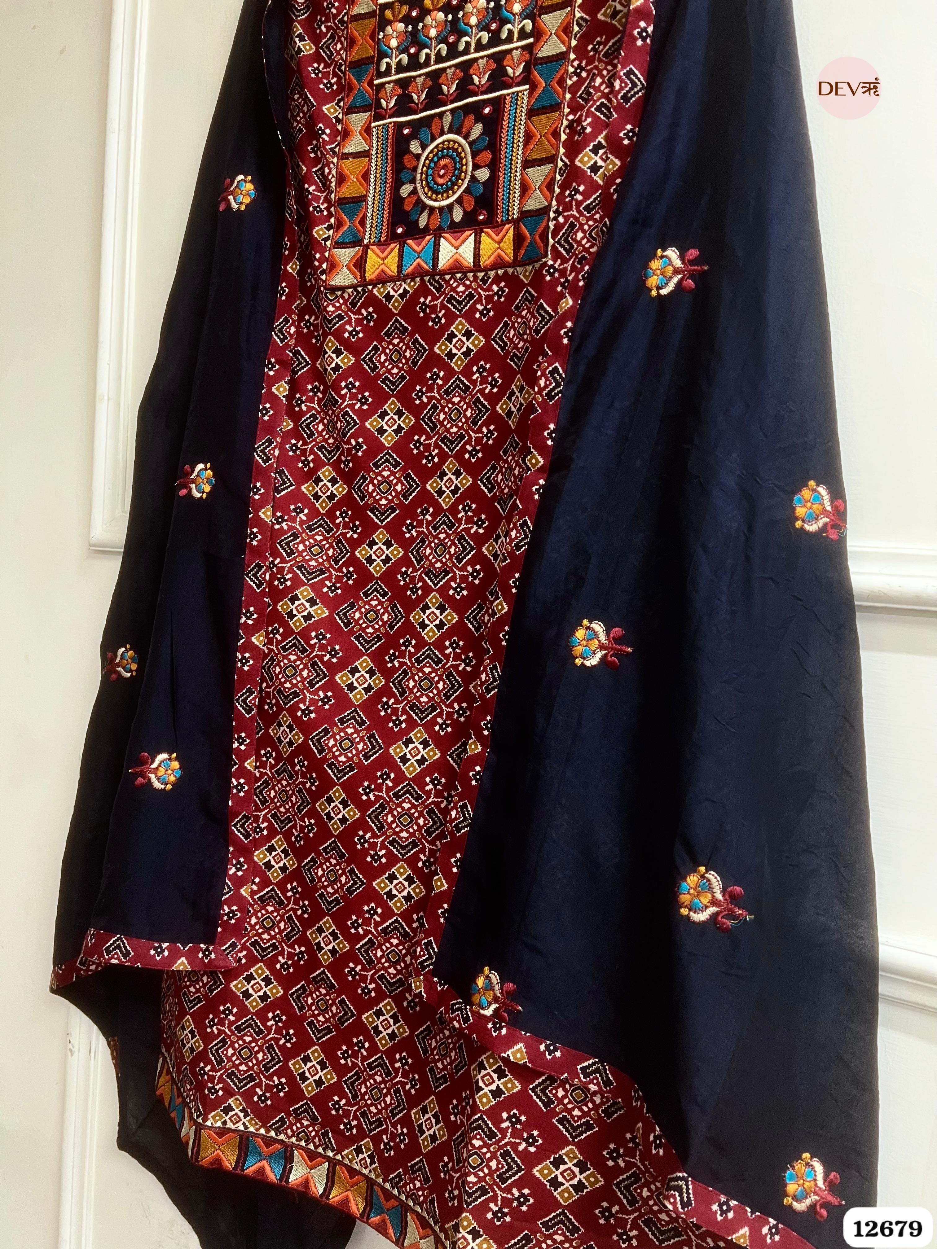 Navy Blue Modal Silk Printed Unstitched 3-Piece Suit (Devri – D.No 12679)