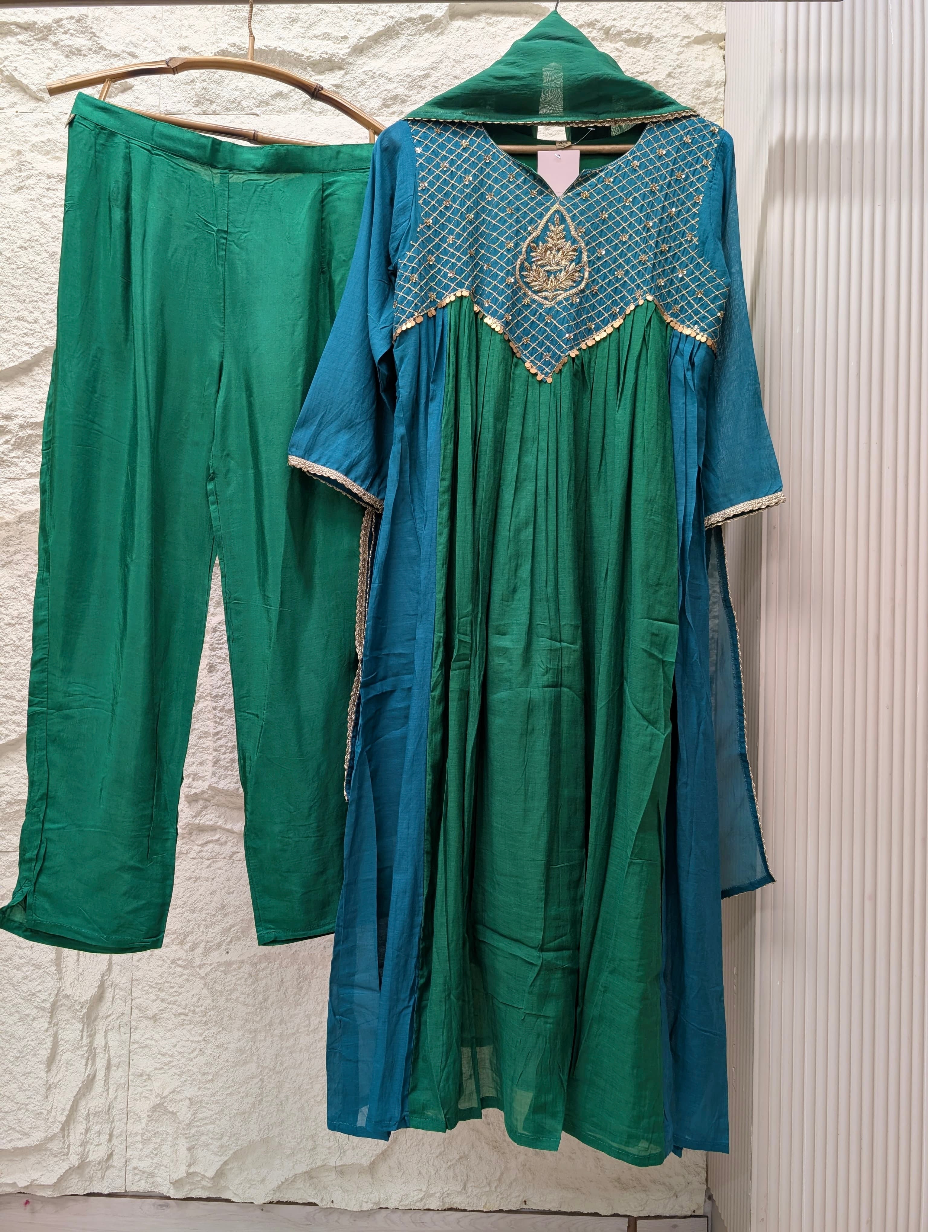 Zarmina Mul Chanderi Embroidered Teal Green 3-Piece Set (Devri – D.No 13793)