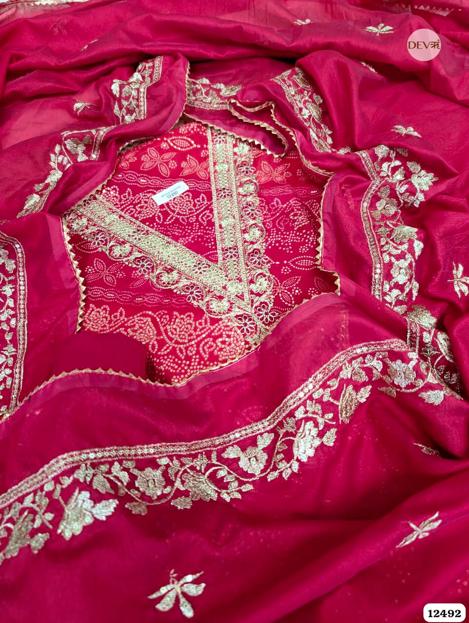 Rani Pink Modal Silk Embroidered Unstitched 3-Piece Suit (Devri – D.No. 12492)