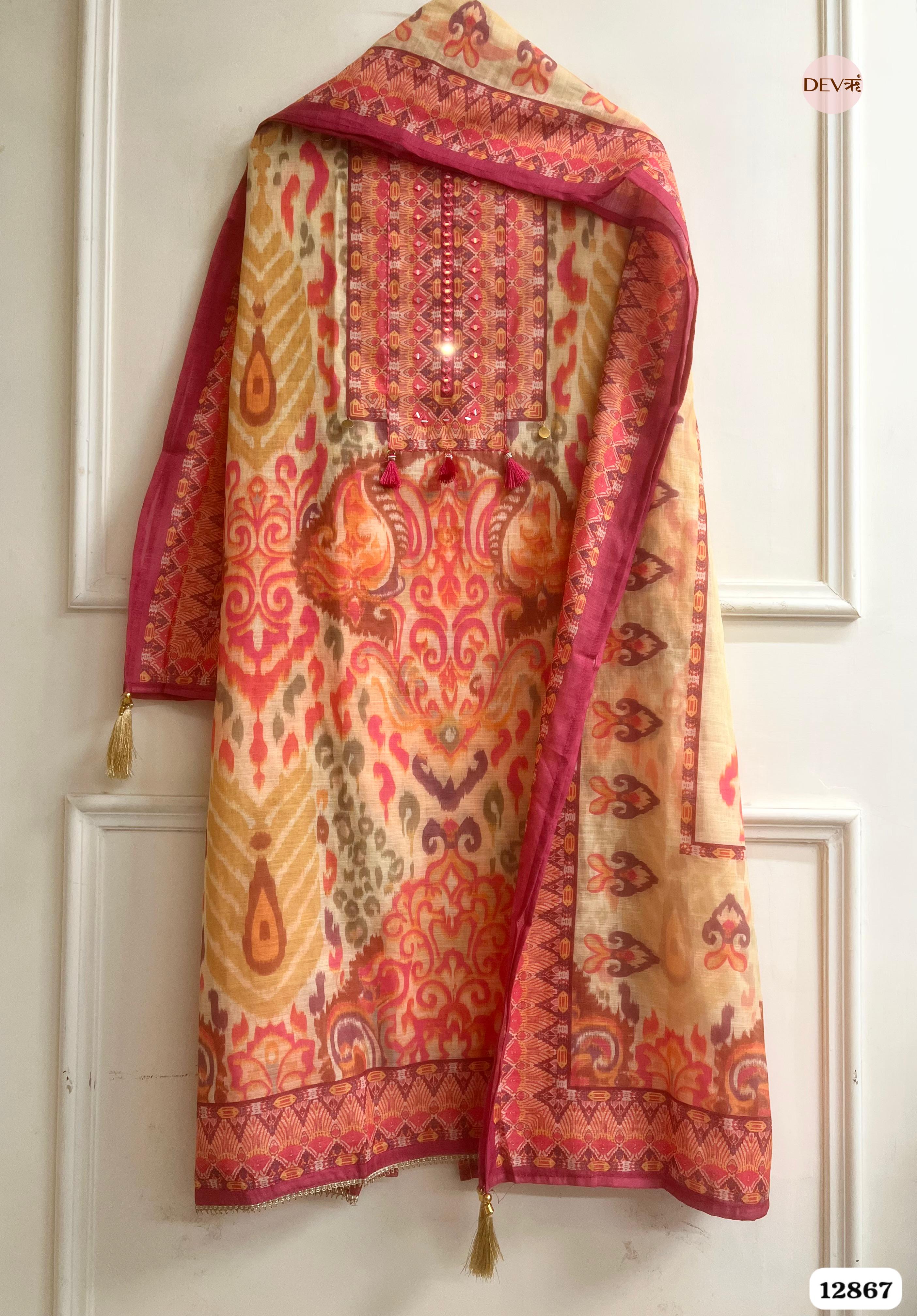 Pink Linen Cotton Printed Unstitched 3-Piece Suit (Devri – D.No 12867)