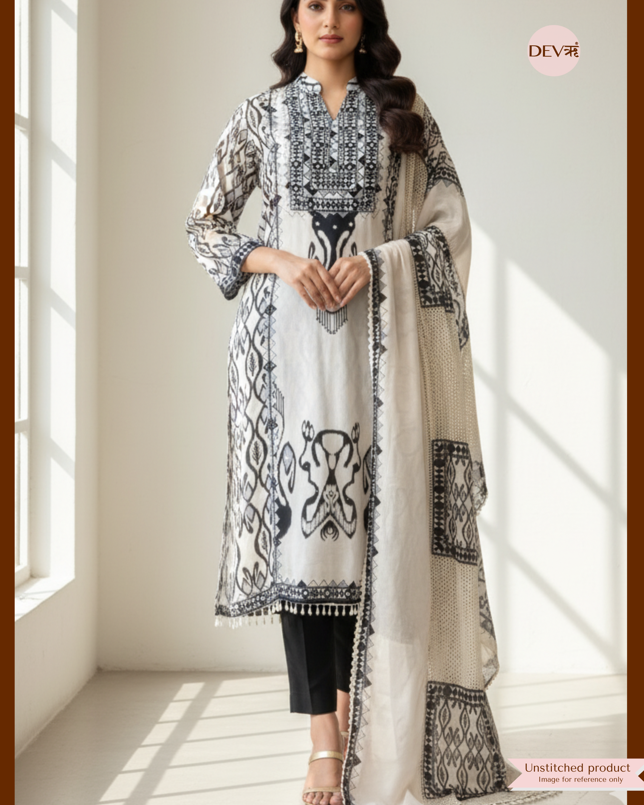 Off White Muslin Printed Semi Stitched Hand Embroidered -Set Of 3 {11671}