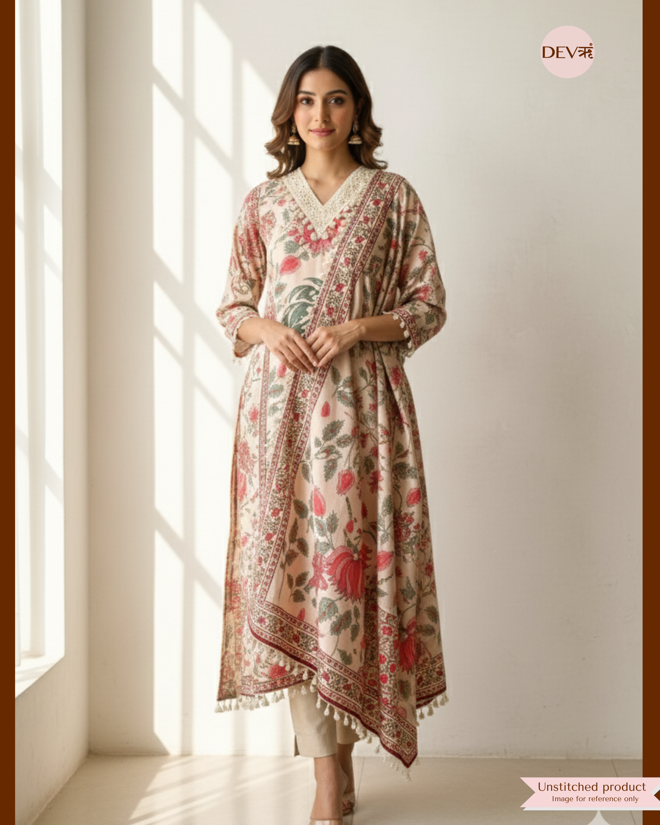 Beige Muslin Semi Stitched Printed Laces & Highlights -Set Of 3 {10574}