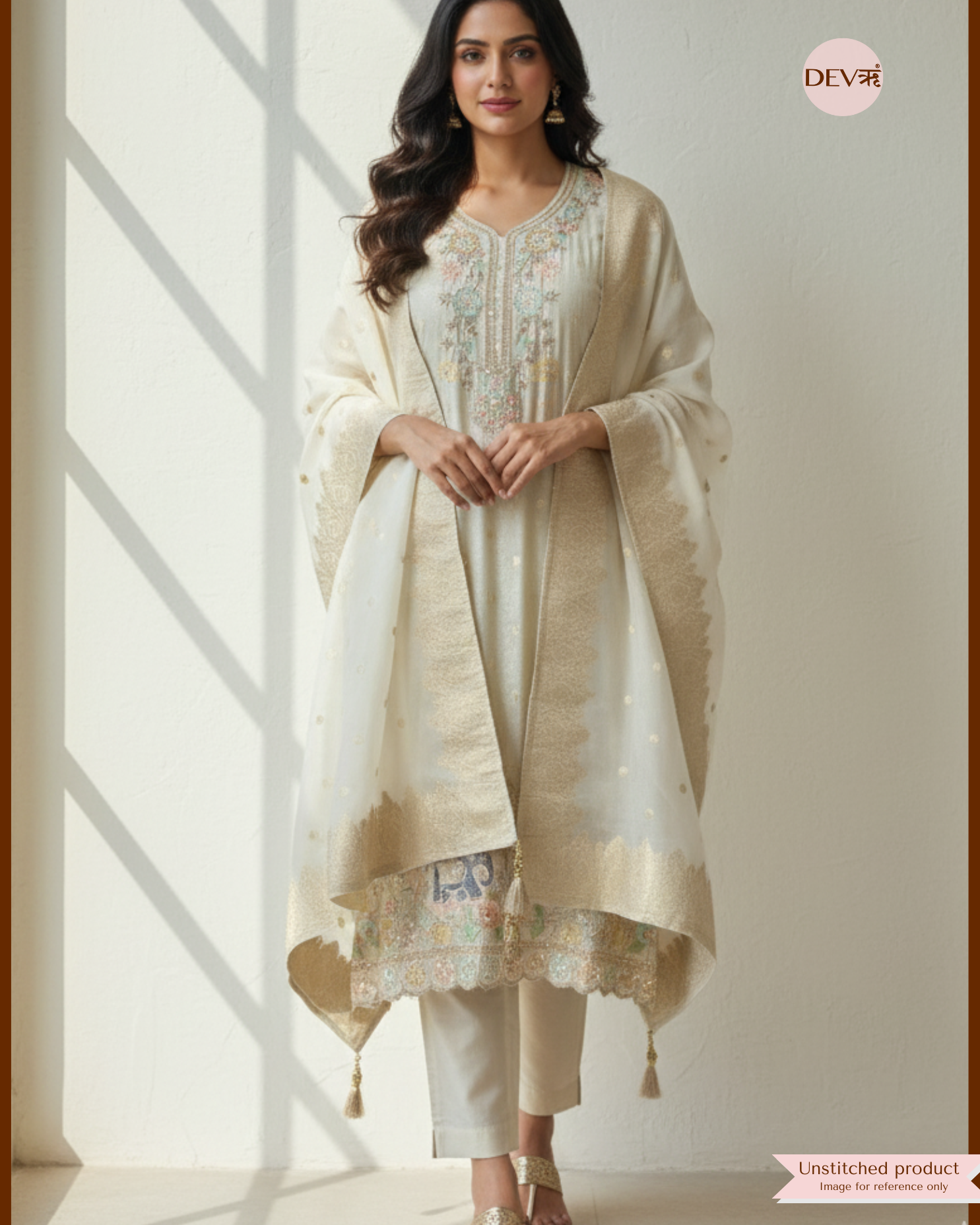 Creamy Silk Unstitched Banarasi Woven Hand Embroidered -Set Of 3 - {12199}