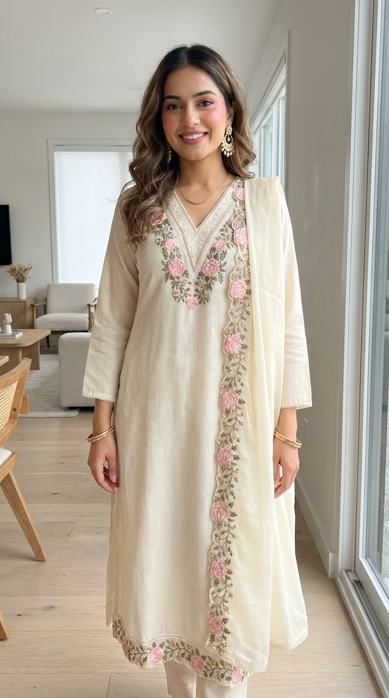 Noor-e-Mehr Tissue Silk Embroidered Blush 3-Piece Set (Devri – D.No 2040)