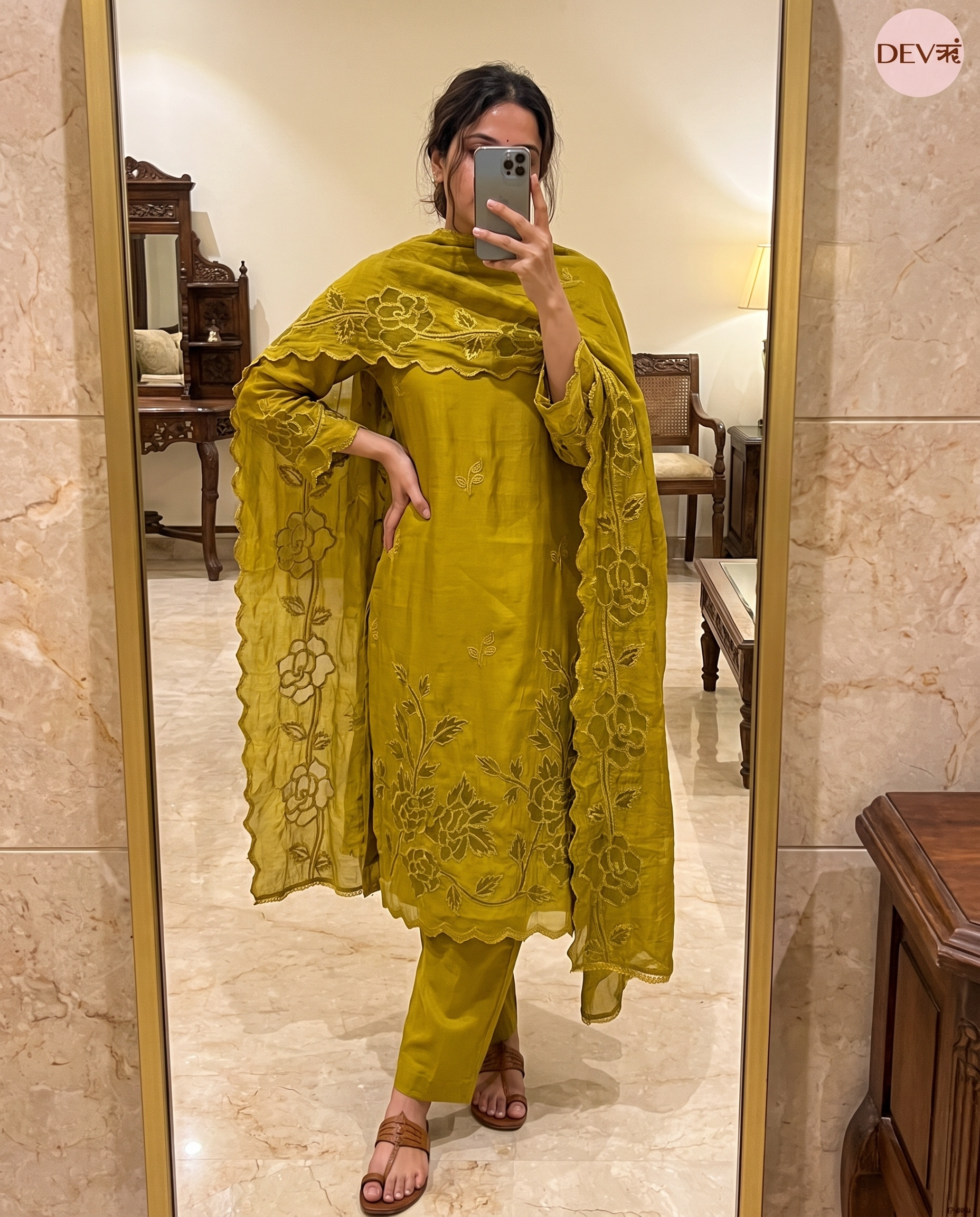 Olive Mul Chanderi Embroidered Unstitched 3-Piece Suit (Devri – D.No 13438)