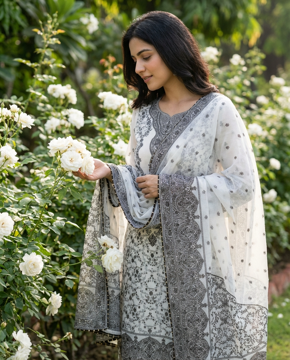 White Cotton Jamdani Printed Unstitched 3-Piece Suit (Devri – D.No 13046)