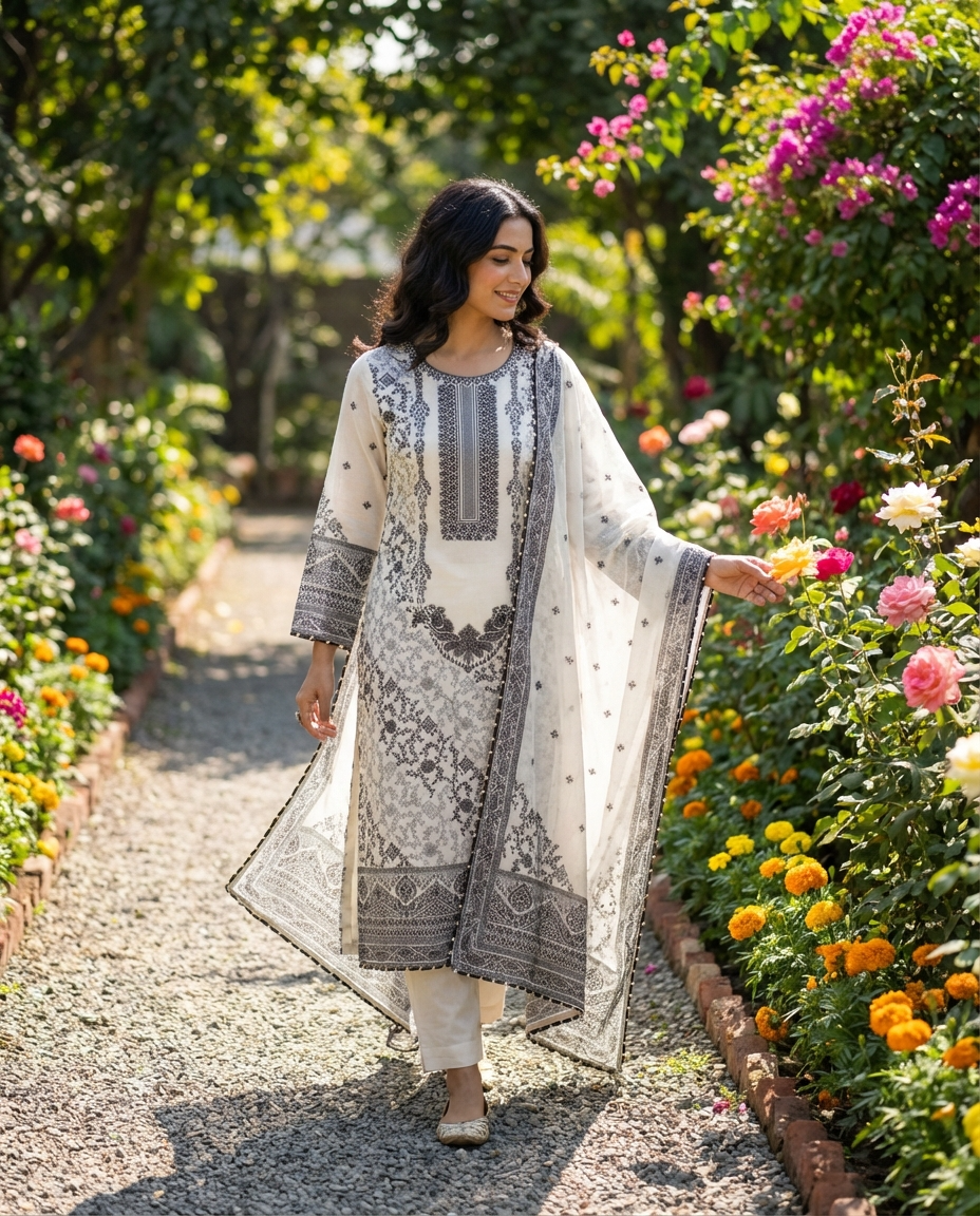 White Cotton Jamdani Printed Unstitched 3-Piece Suit (Devri – D.No 13045)