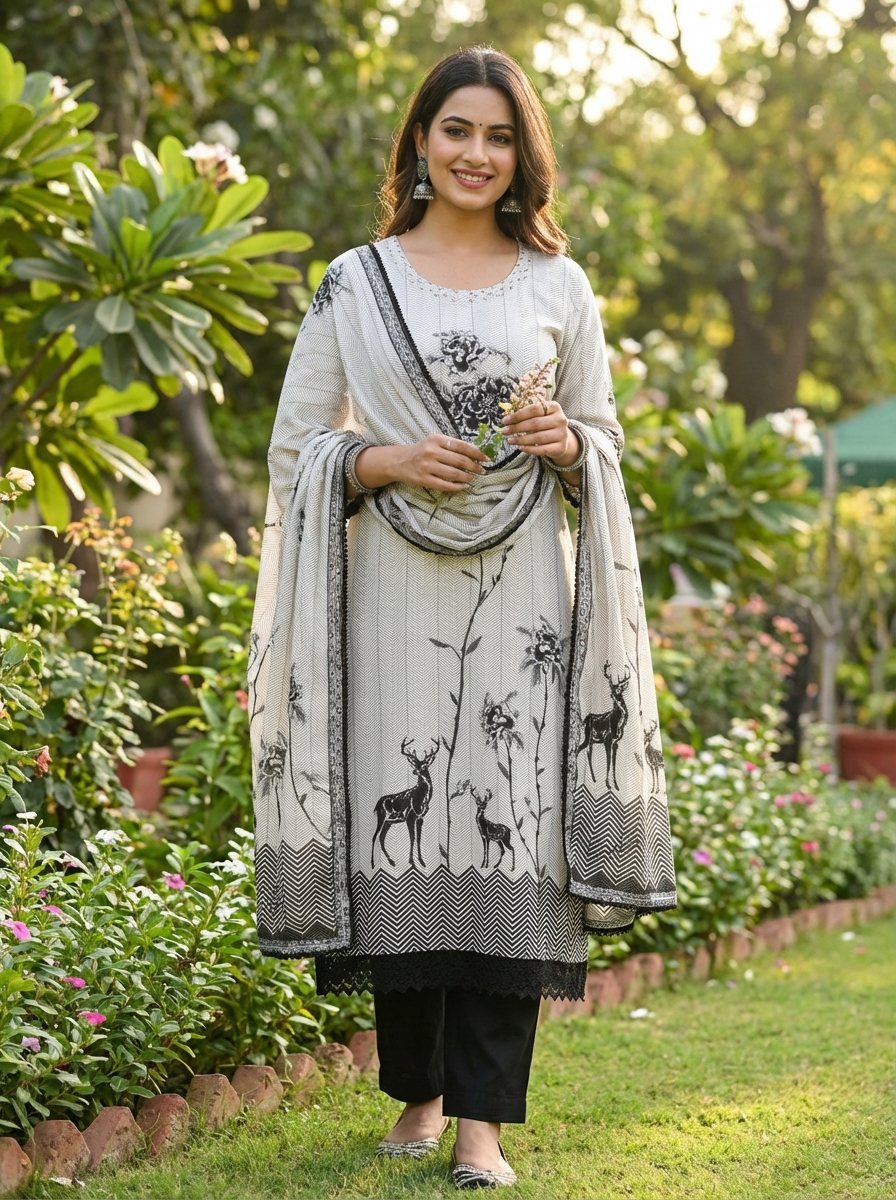 Off-White and Black Muslin Printed Unstitched 3-Piece Suit (Devri – D.No 12761)