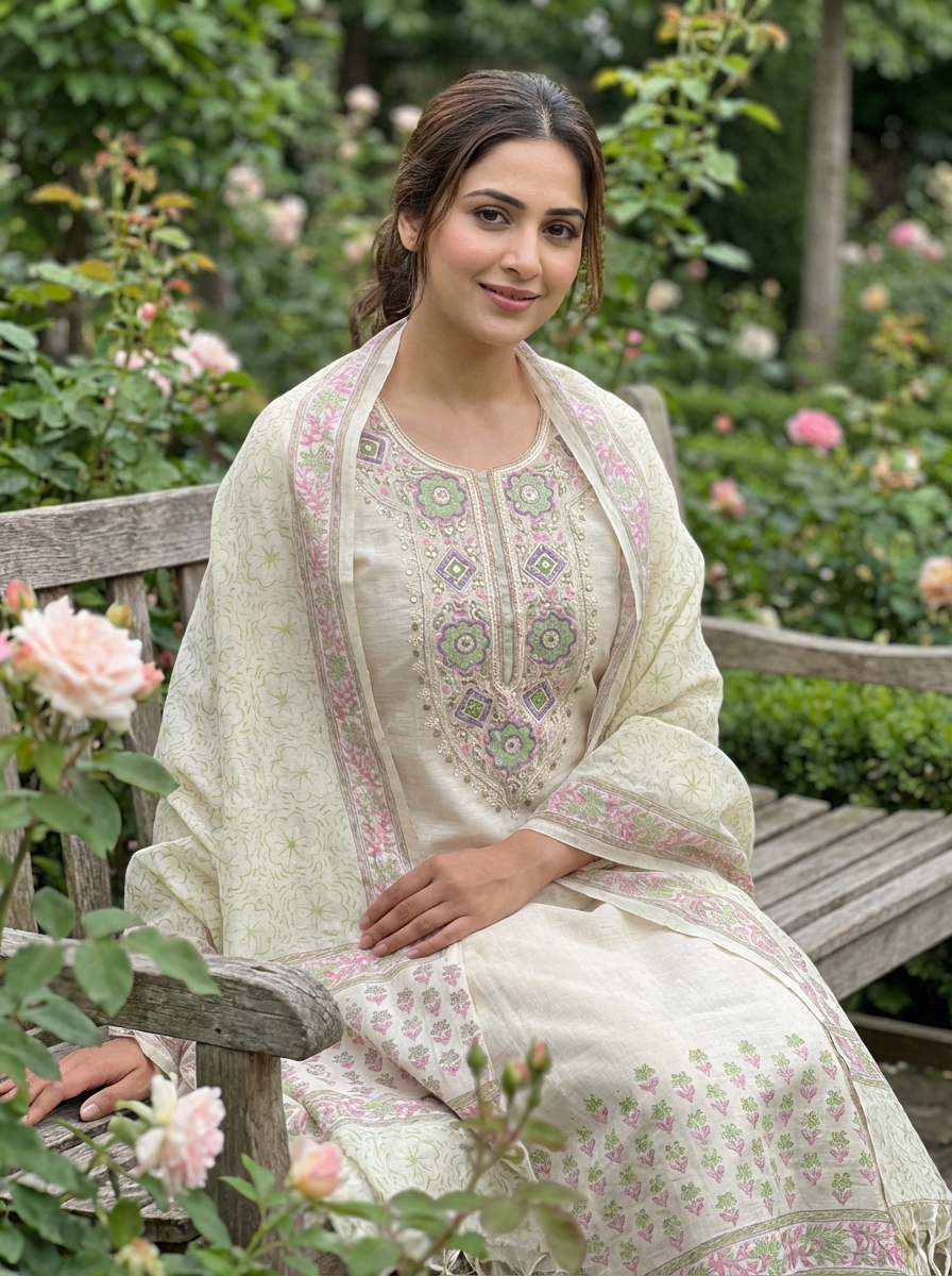 Ivory Pure Linen Embroidered Unstitched 3-Piece Suit (Devri – D.No. 20037)