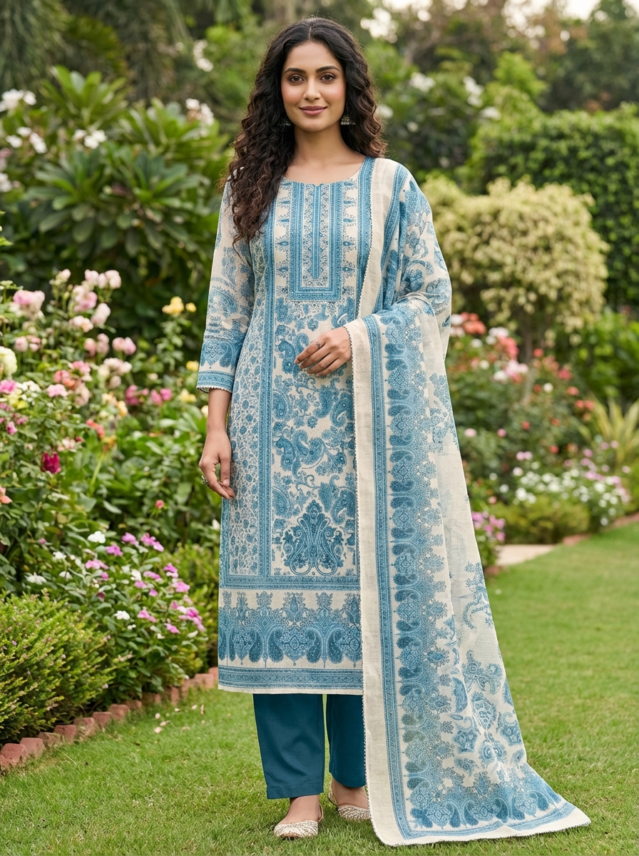 Off White Linen Printed Unstitched 3-Piece Suit (Devri – D.No 13027)