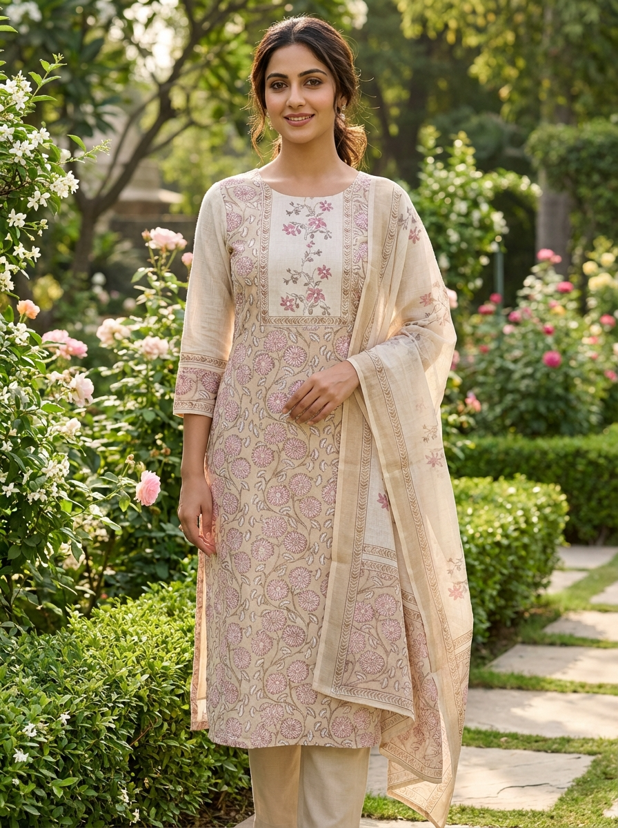 Beige Linen Cotton Printed Unstitched 3-Piece Suit (Devri – D.No 12831)