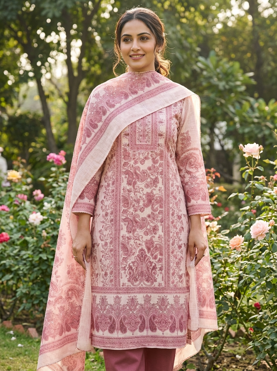 Pink Linen Printed Unstitched 3-Piece Suit (Devri – D.No 13025)