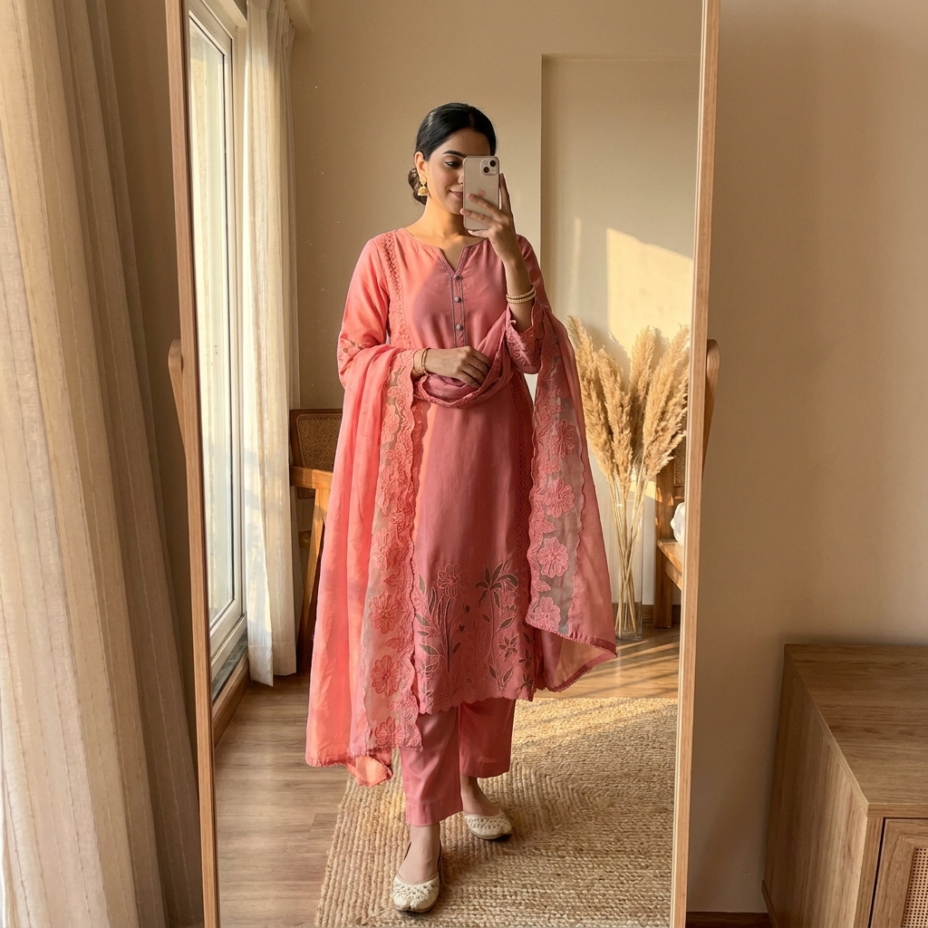 Soft modal silk cutwork suit