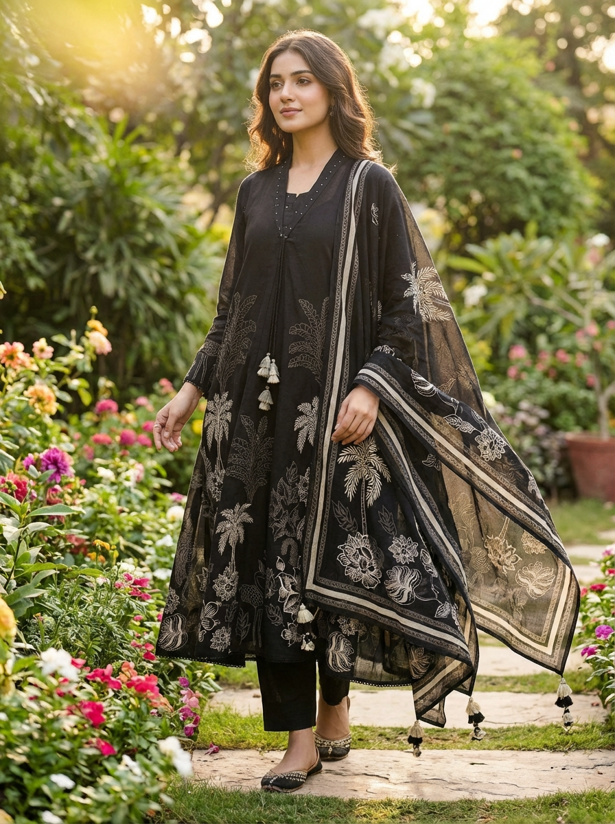 Meher Pure Cotton Printed Black 3-Piece Set (Devri – D.No 20068)