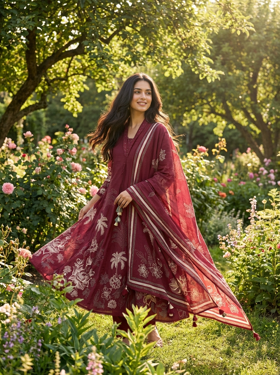 Meher Pure Cotton Printed Maroon 3-Piece Set (Devri – D.No 20067)