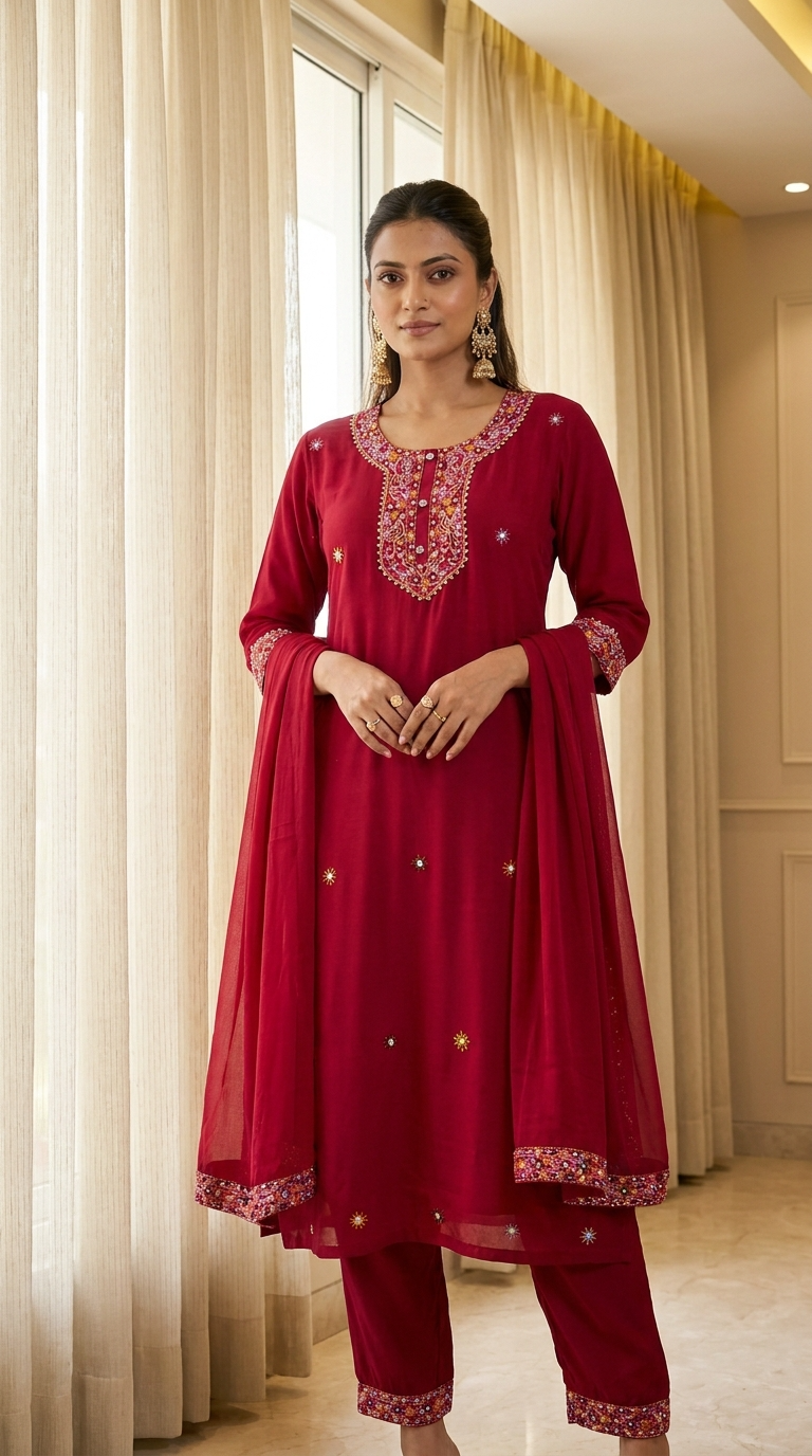 Gulnaar Reyon Embroidered Red 3-Piece Set (Devri – D.No 21157)