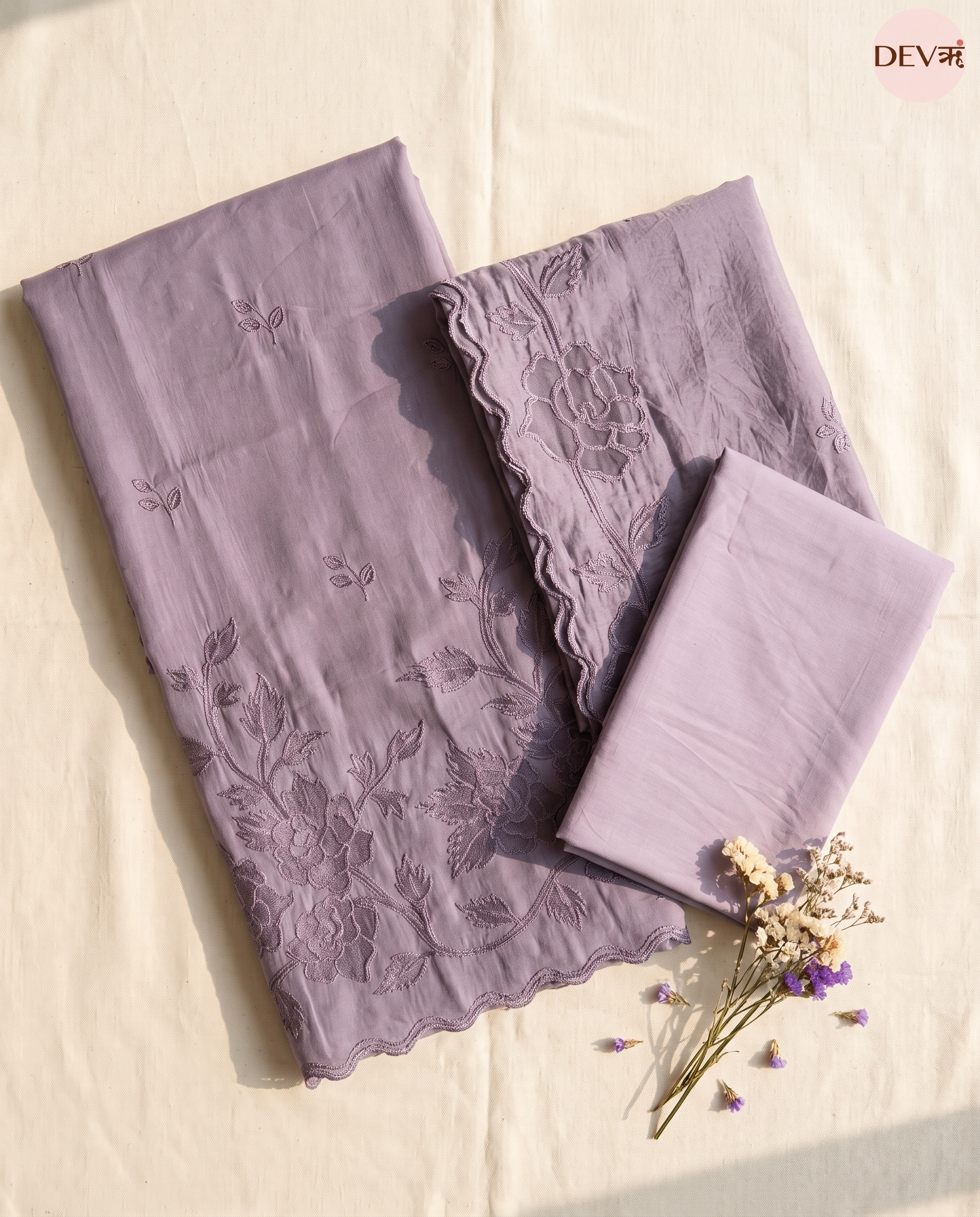 Purple Mul Chanderi Embroidered Unstitched 3-Piece Suit (Devri – D.No 13440)