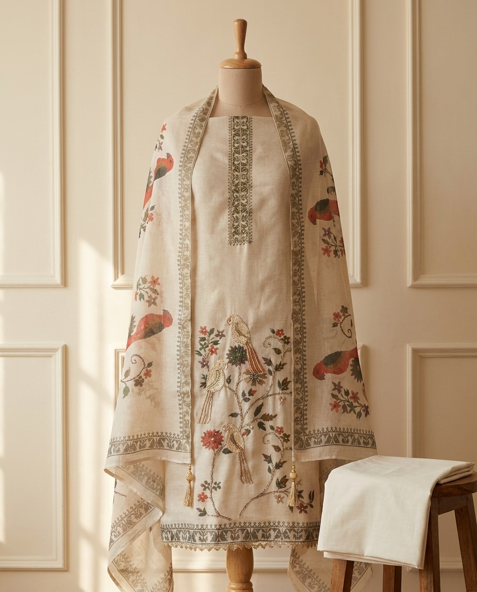 Ivory Linen Cotton Embroidered Unstitched 3-Piece Suit (Devri – D.No 20022)