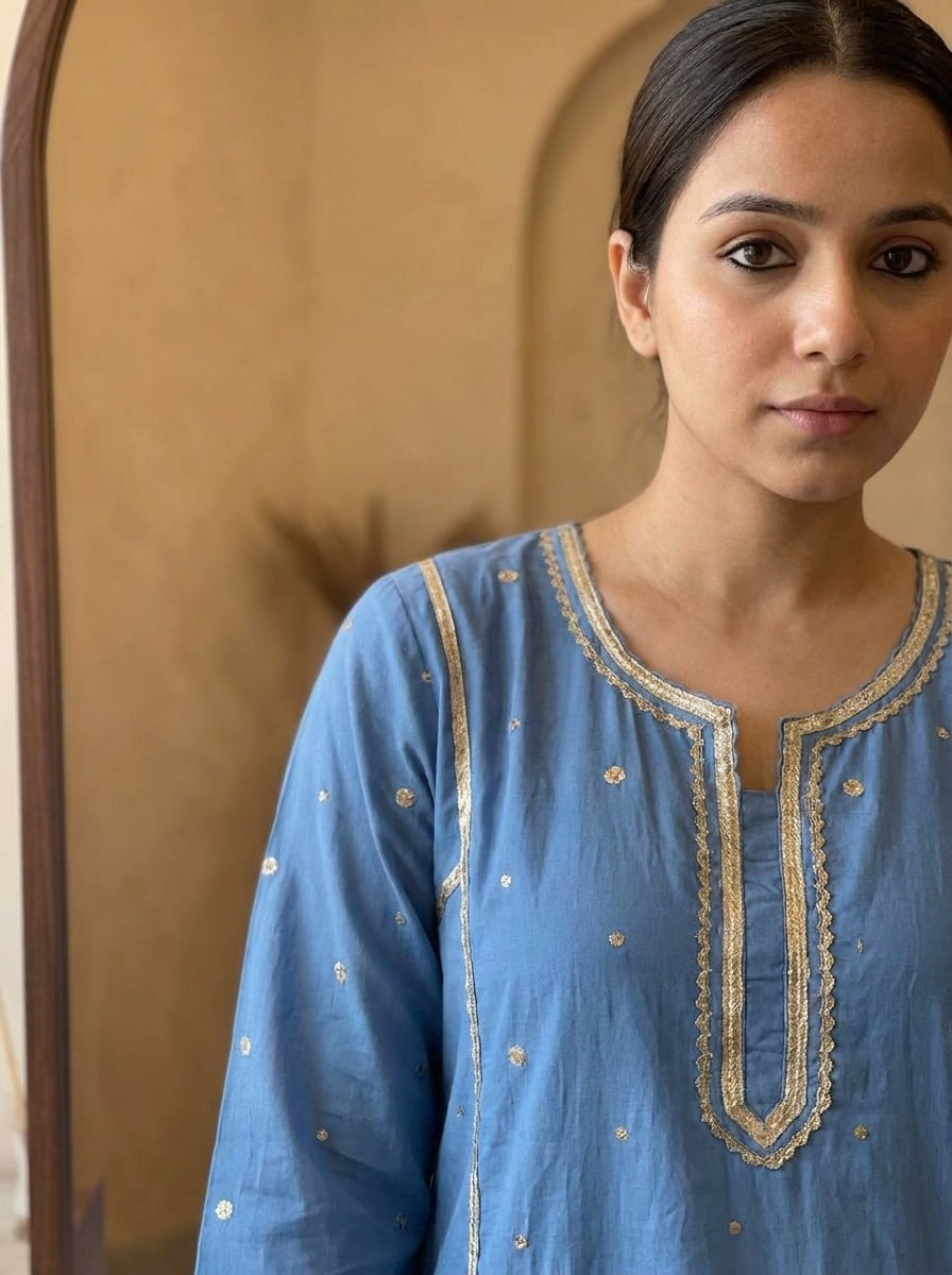 Neelika Pure mul cotton Embroidered Blue 2-Piece Set (Devri – D.No 21185)
