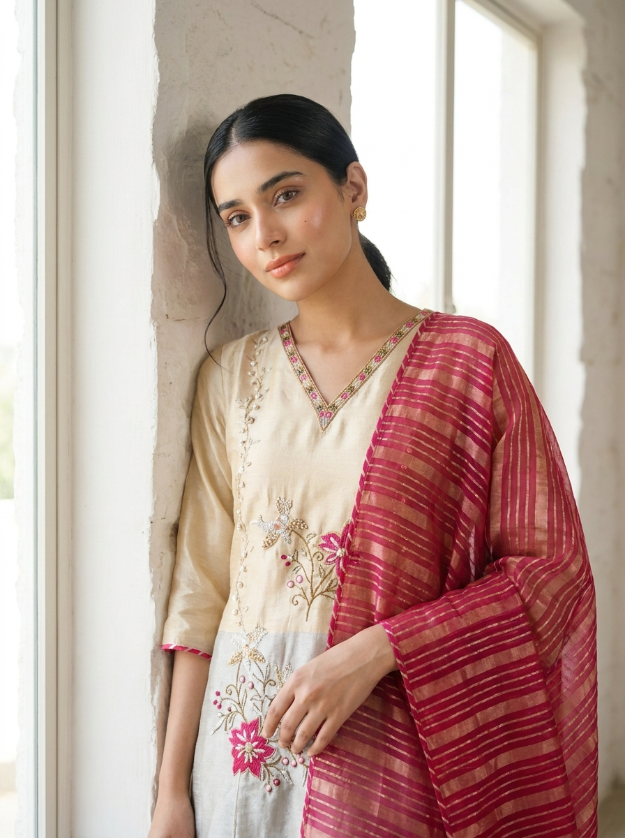 Ruhani Tissue Silk Embroidered Beige 3-Piece Set (Devri – D.No 21060)