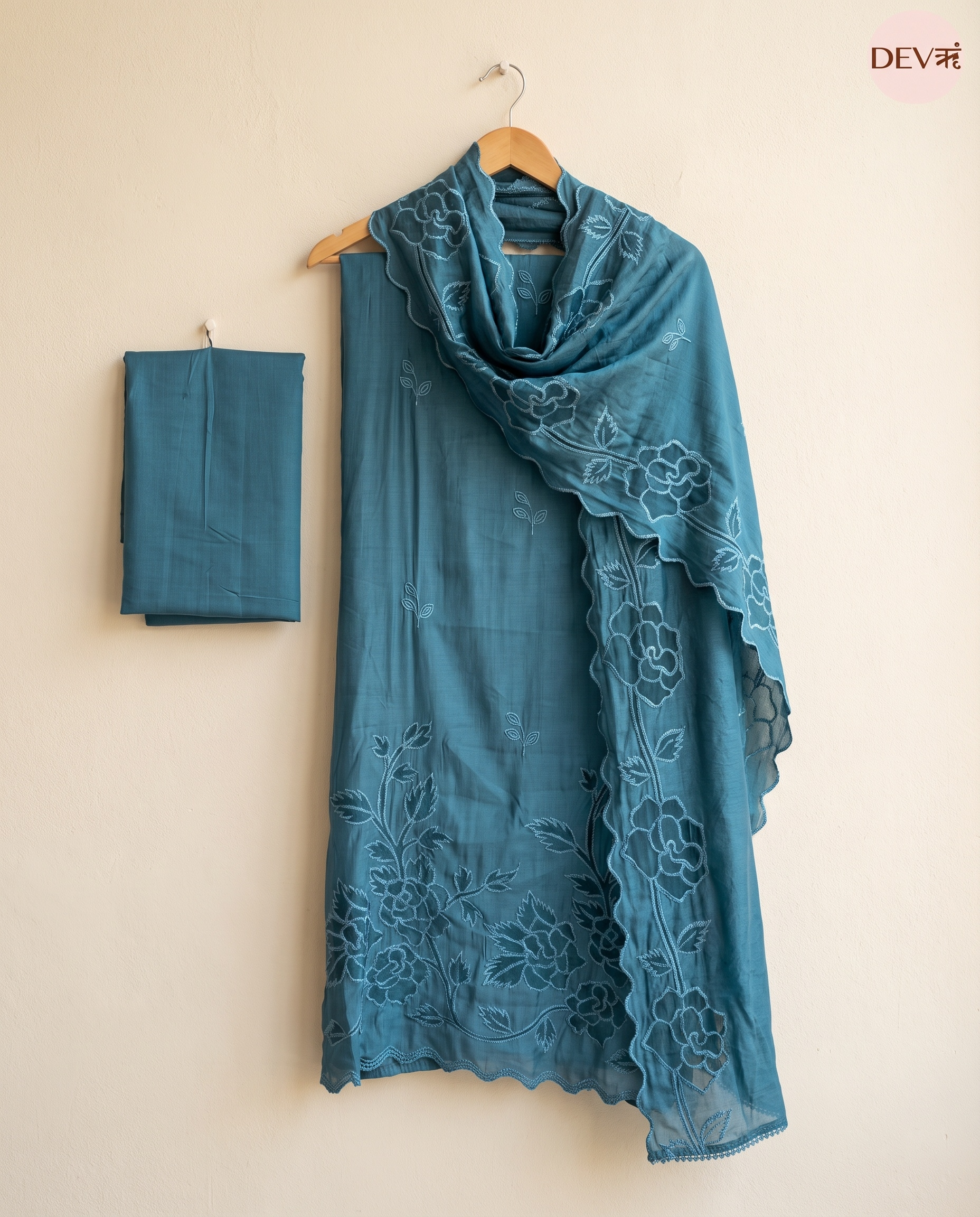 Teal Mul Chanderi Embroidered Unstitched 3-Piece Suit (Devri – D.No 13439)