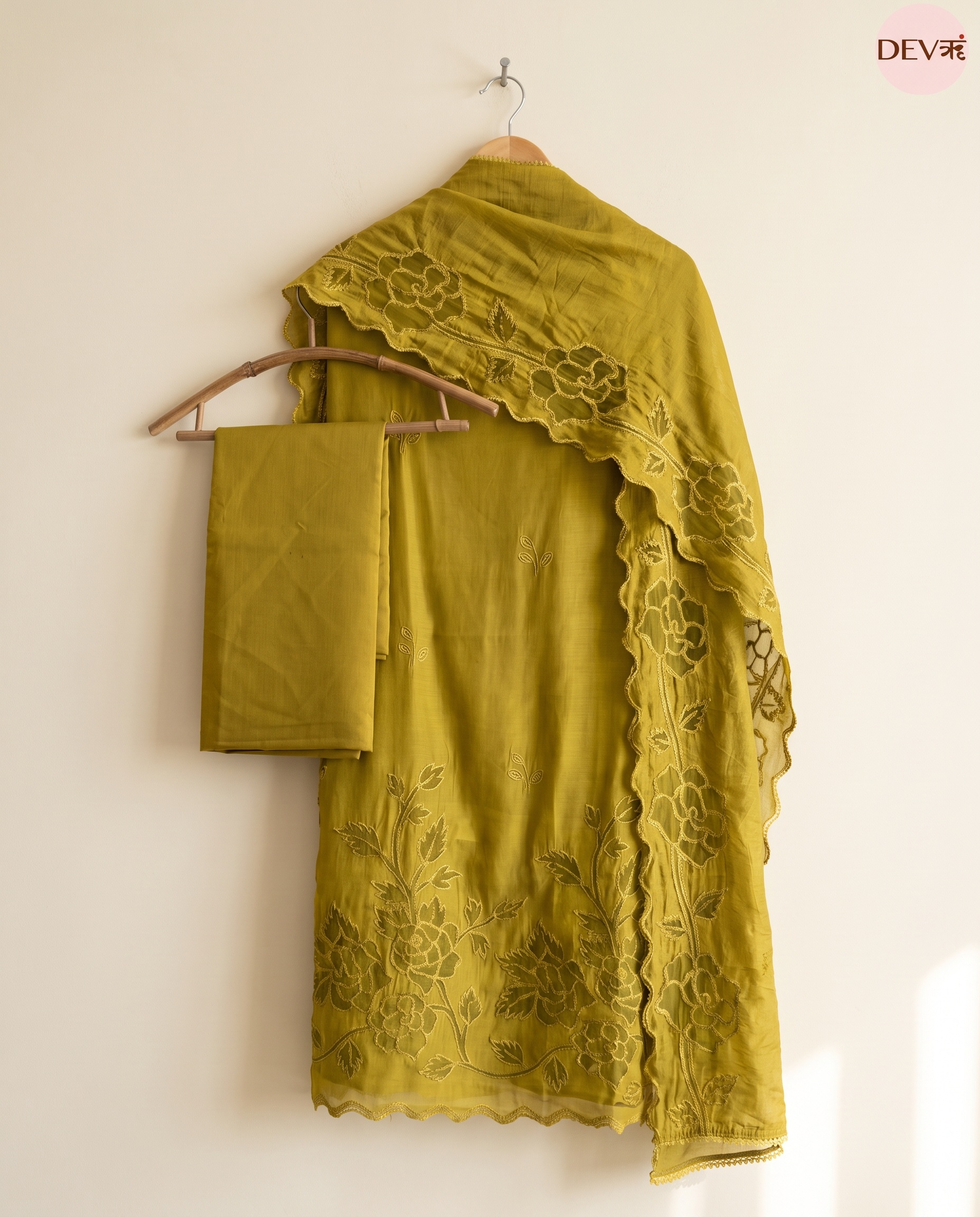 Olive Mul Chanderi Embroidered Unstitched 3-Piece Suit (Devri – D.No 13438)