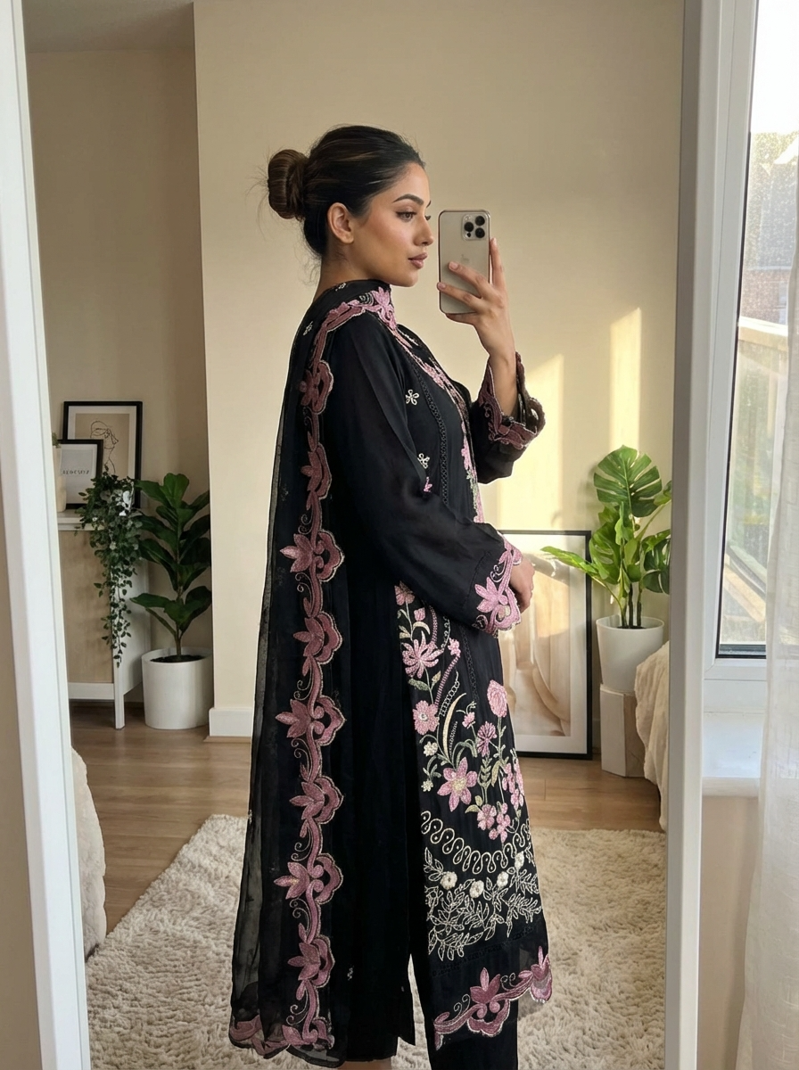 Black Organza Unstitched Pakistani -Set Of 3 {7787}