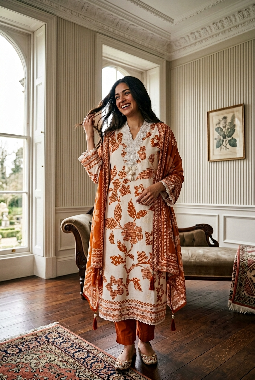 Cream Muslin Printed Unstitched 3-Piece Suit (Devri – D.No 12888)