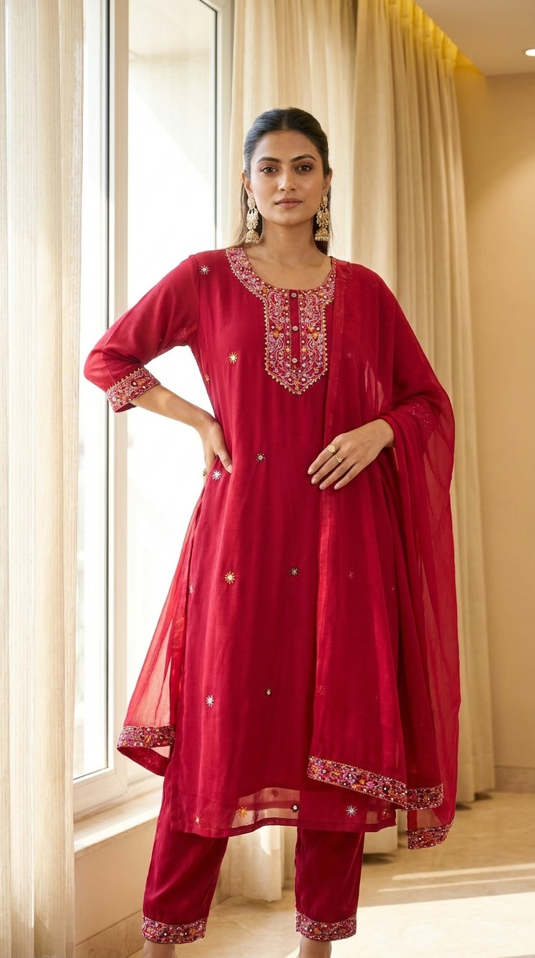 Gulnaar Reyon Embroidered Red 3-Piece Set (Devri – D.No 21157)