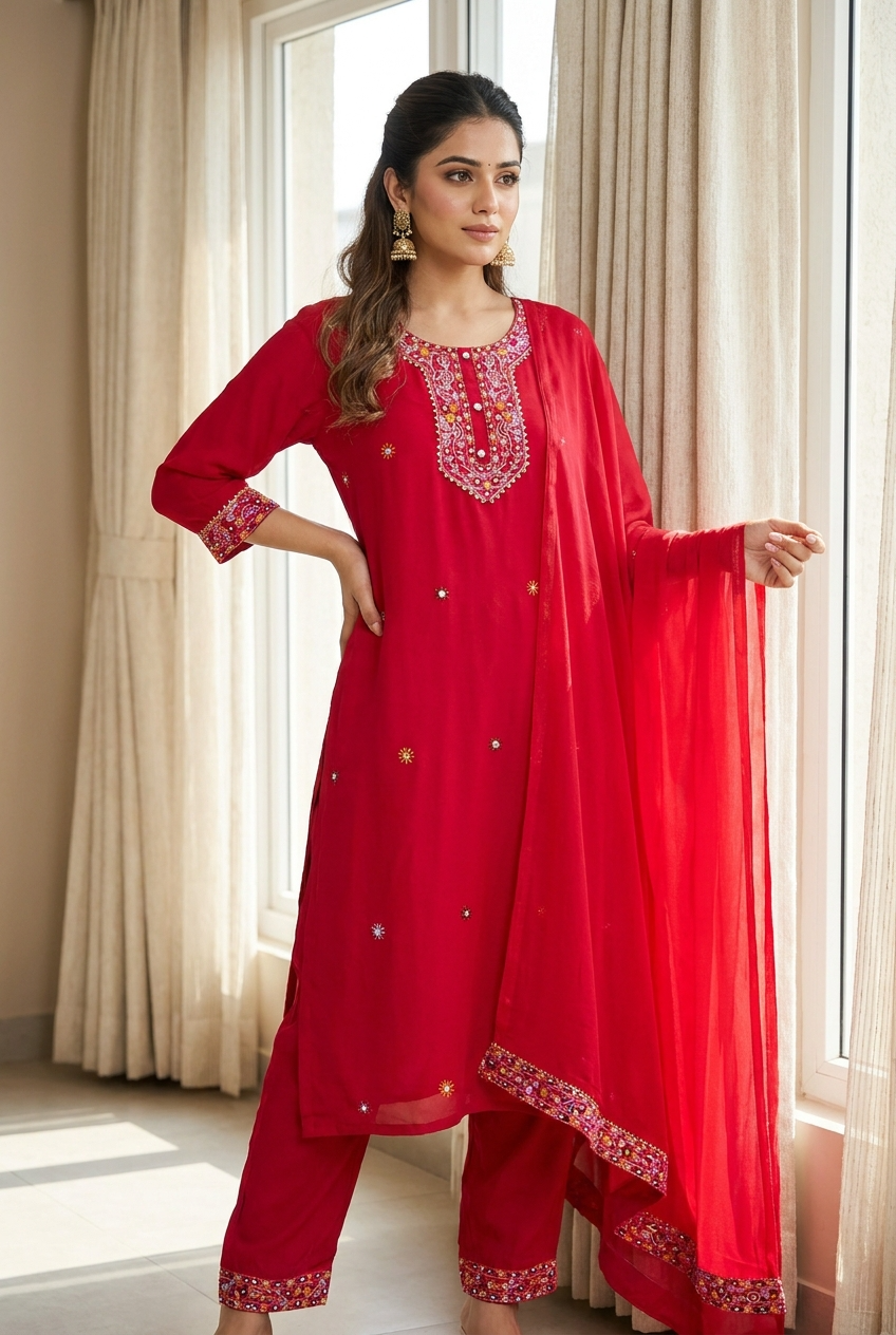 Gulnaar Reyon Embroidered Red 3-Piece Set (Devri – D.No 21157)