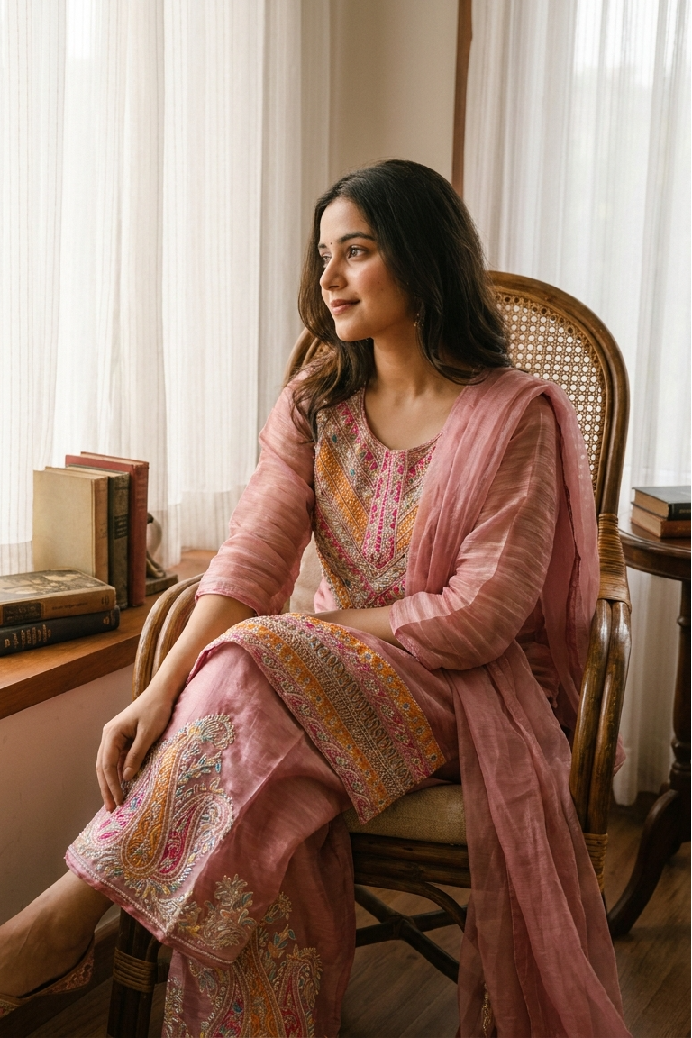 Gulnaar Crush Organza Embroidered Pink 3-Piece Set (Devri – D.No 13475)