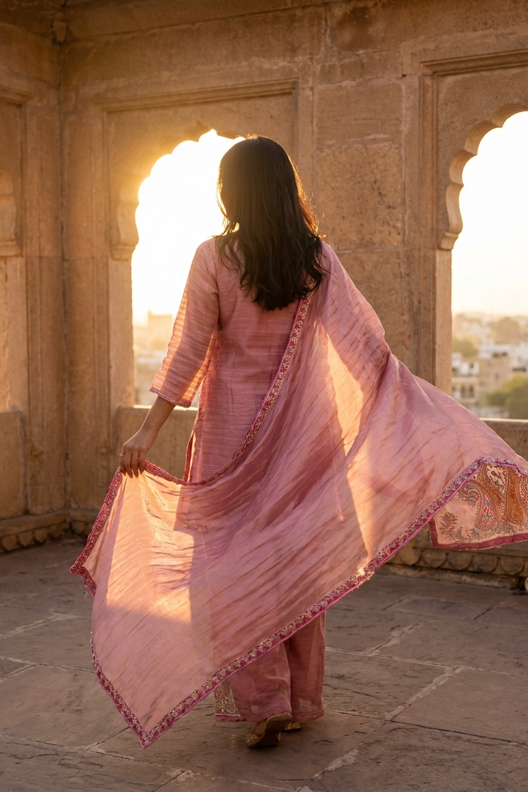 Gulnaar Crush Organza Embroidered Pink 3-Piece Set (Devri – D.No 13475)