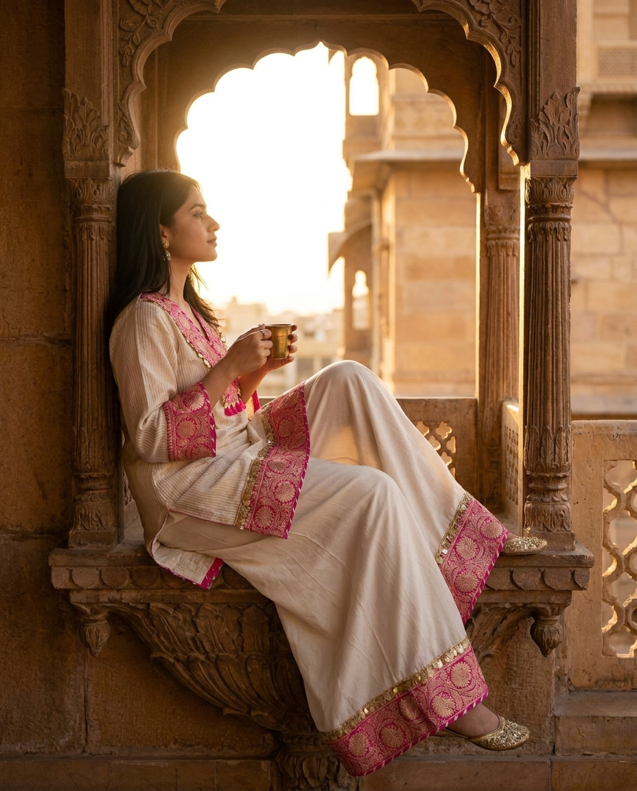 Gulnaar Tissue Silk Embroidered Ivory 3-Piece Set (Devri – D.No 21085)