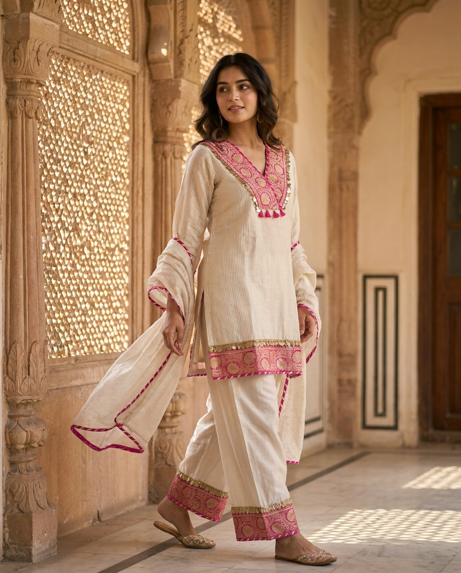 Gulnaar Tissue Silk Embroidered Ivory 3-Piece Set (Devri – D.No 21085)
