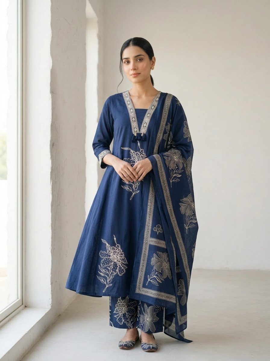 Neelambari Cotton Slub Printed Navy Blue 3-Piece Set (Devri – D.No 21059)