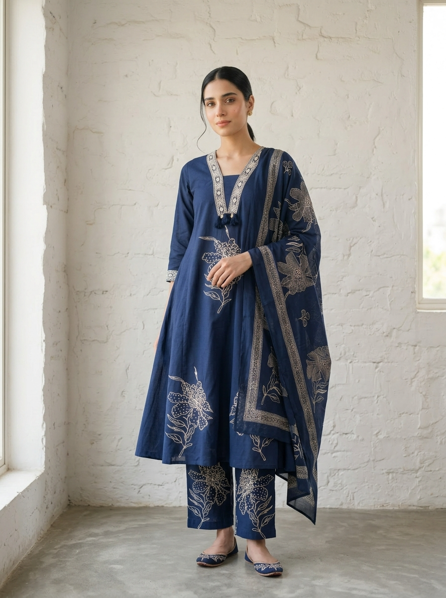 Neelambari Cotton Slub Printed Navy Blue 3-Piece Set (Devri – D.No 21059)