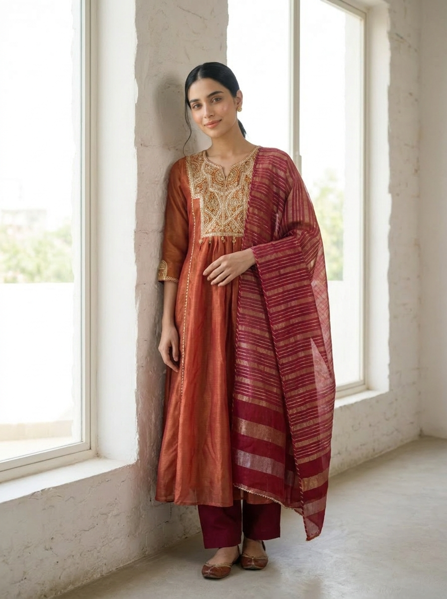 Zarmina Tissue silk Embroidered Rust 3-Piece Set (Devri – D.No 21027)