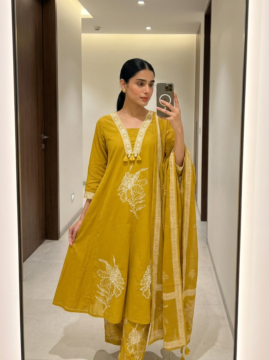 Gulnaar Cotton slub Printed Mustard 3-Piece Set (Devri – D.No 21063)