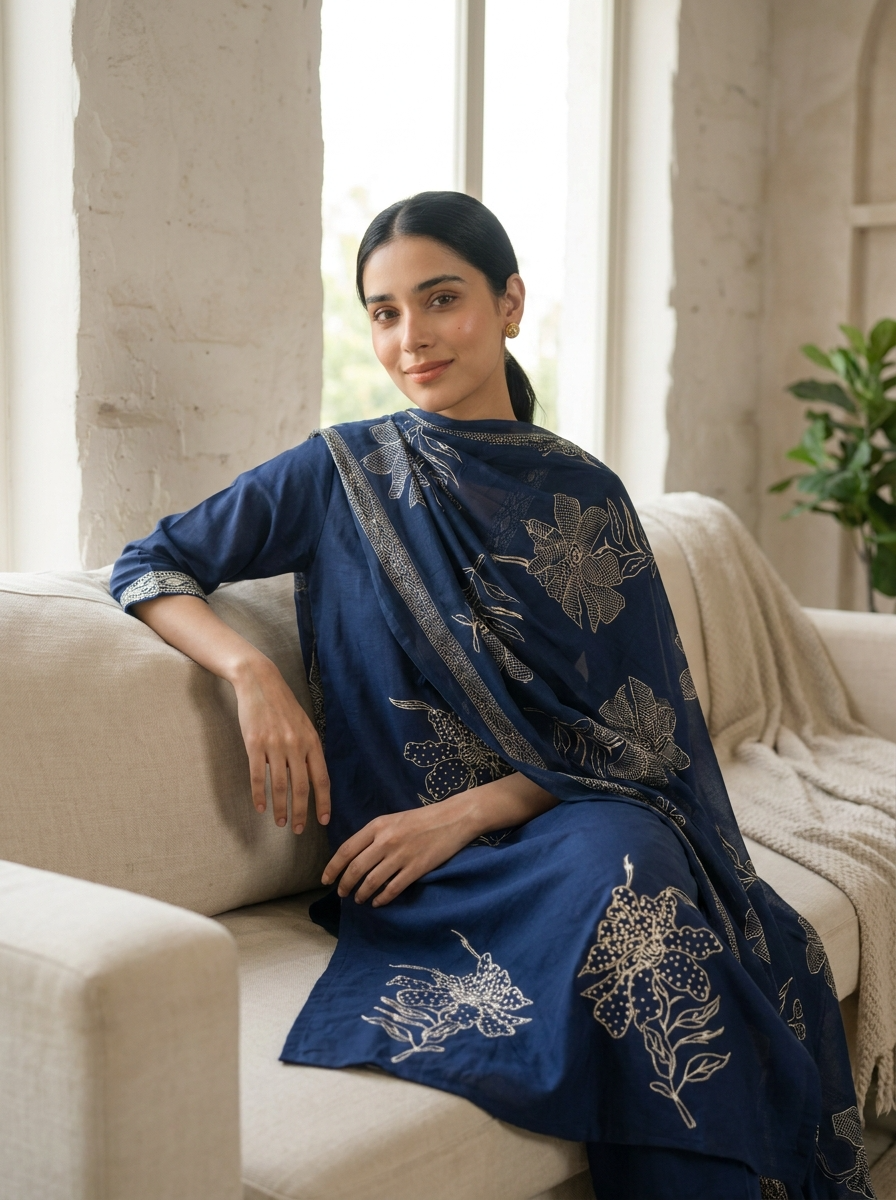 Neelambari Cotton Slub Printed Navy Blue 3-Piece Set (Devri – D.No 21059)