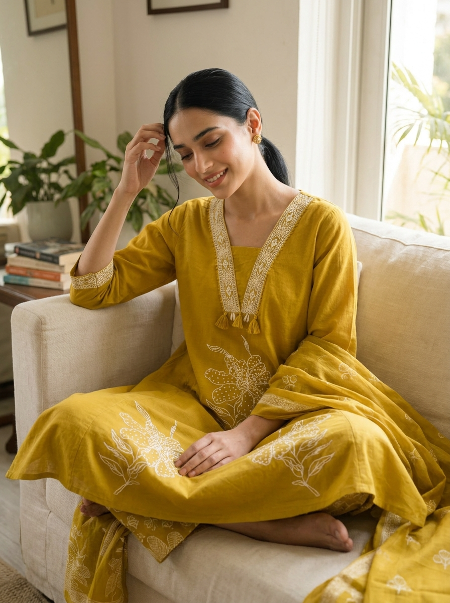 Gulnaar Cotton slub Printed Mustard 3-Piece Set (Devri – D.No 21063)