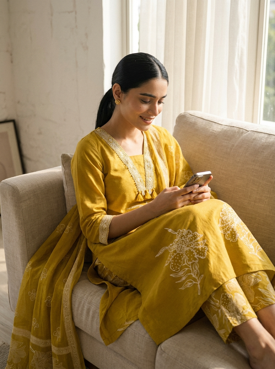 Gulnaar Cotton slub Printed Mustard 3-Piece Set (Devri – D.No 21063)
