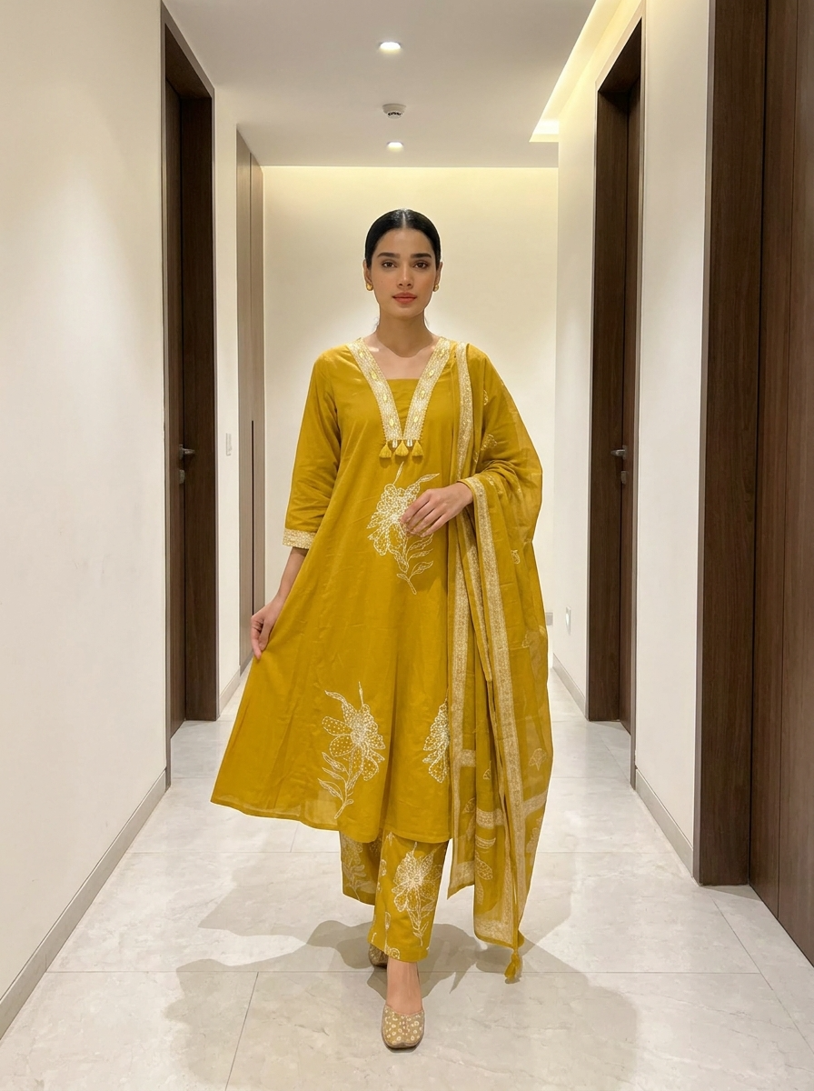 Gulnaar Cotton slub Printed Mustard 3-Piece Set (Devri – D.No 21063)