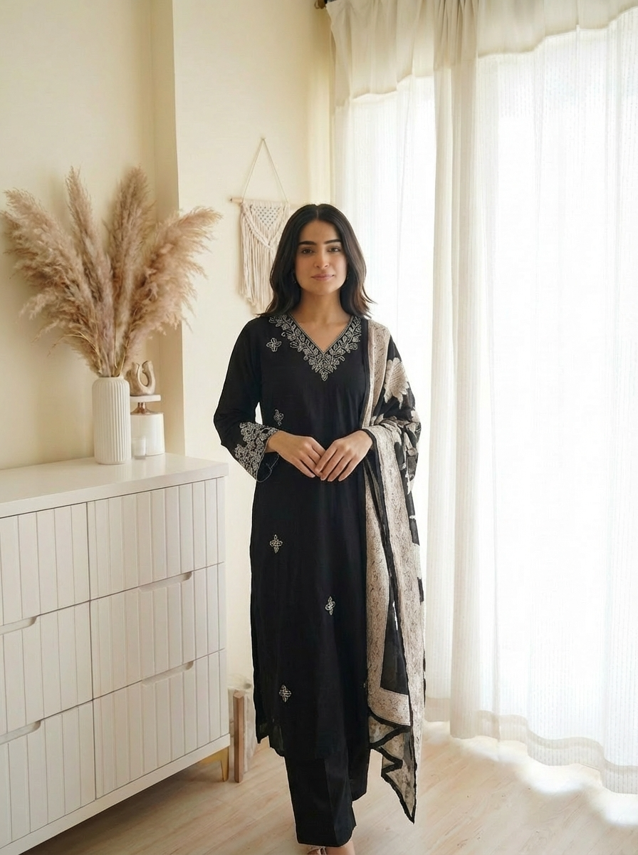 Black Embroidered Muslin 3-Piece Set - {2023}