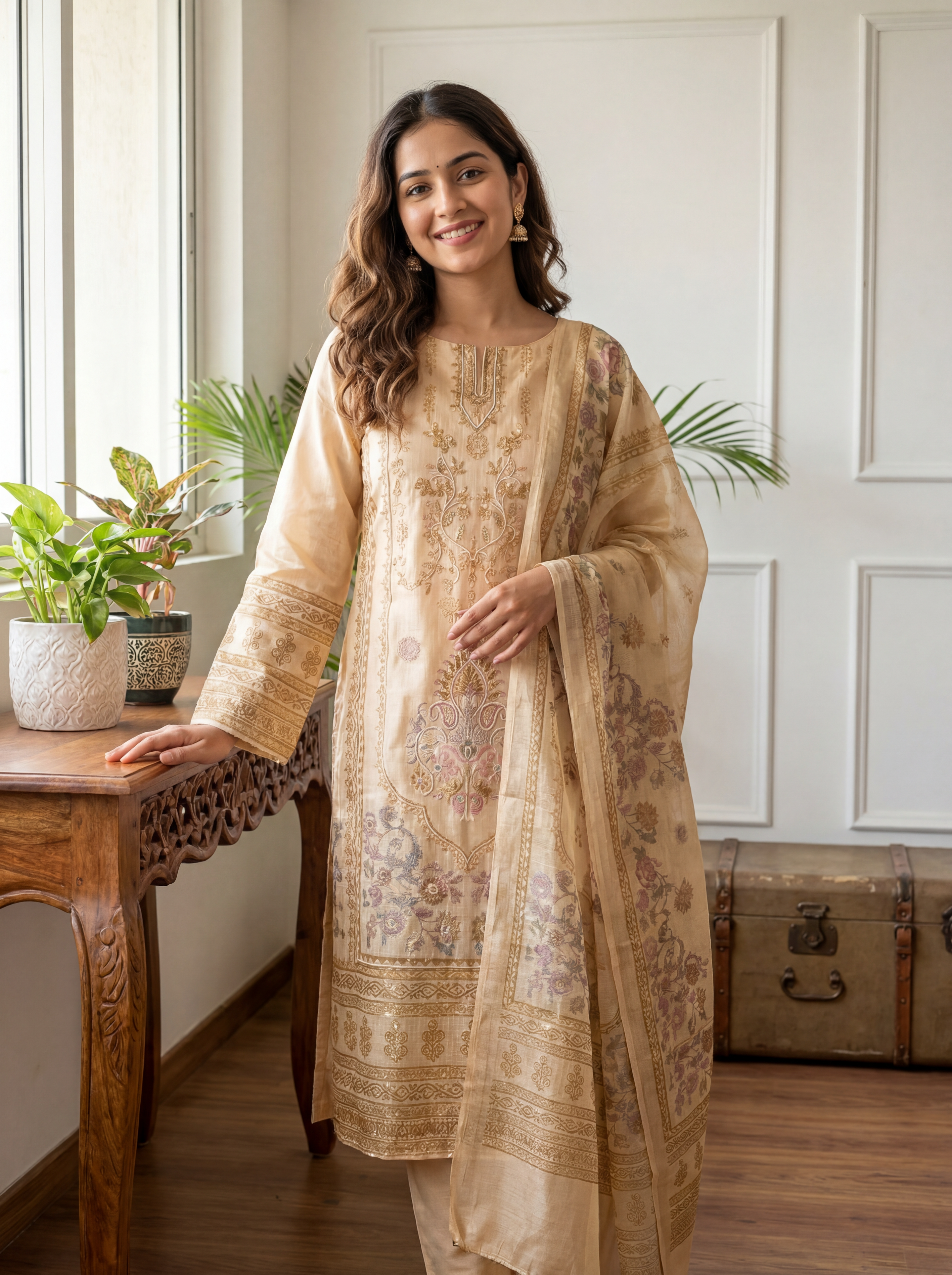 Beige Kota Printed Unstitched 3-Piece Suit (Devri – D.No 13262)